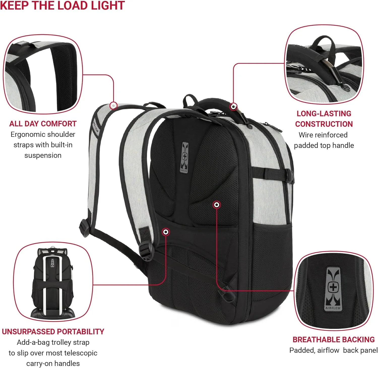 SwissGear Travel Tech Pro Laptop Backpack – Fits Laptops up to 16” – ScanSmart TSA-Friendly Backpack with Multiple Organizer Pockets – Grey Heather