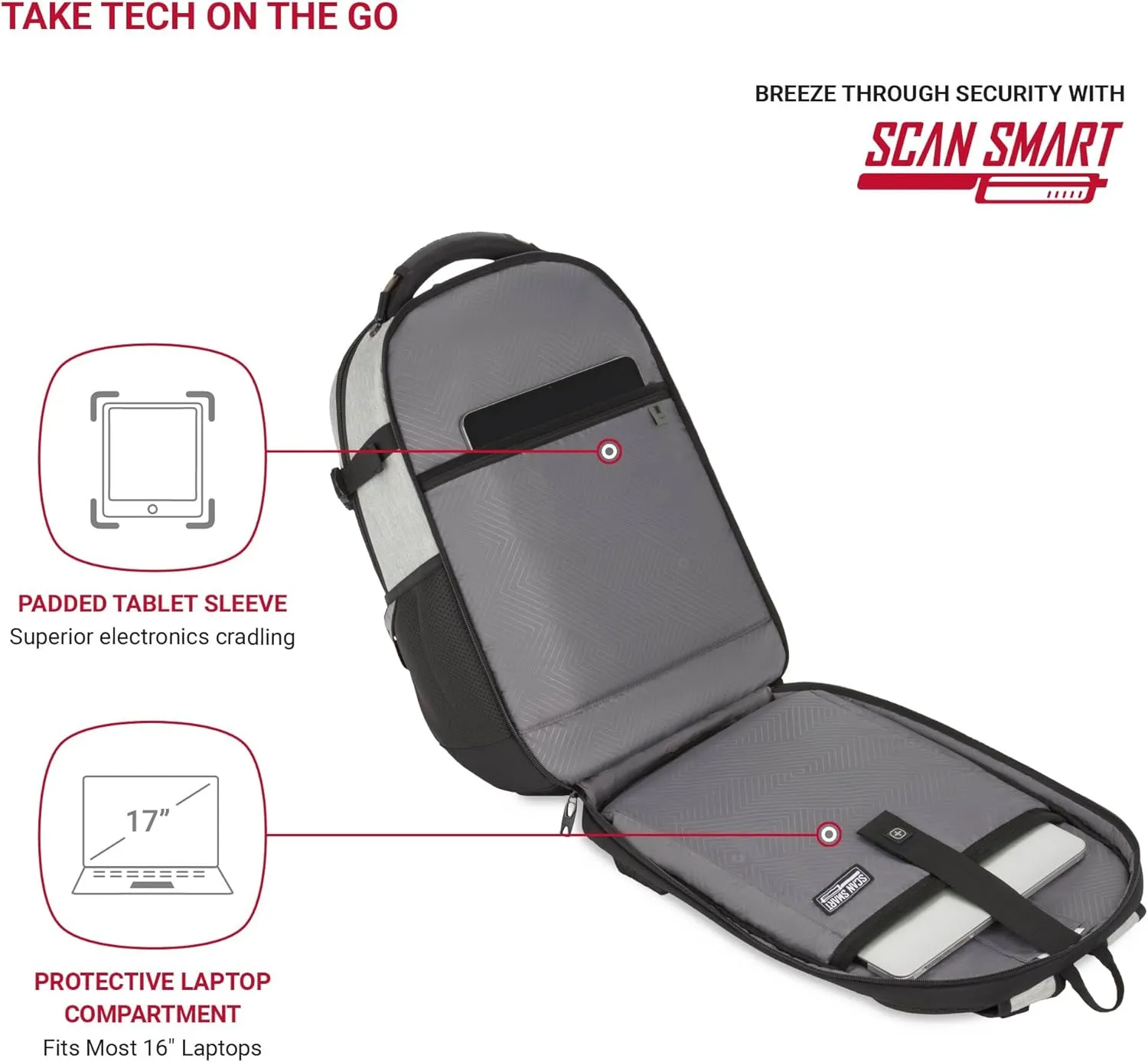 SwissGear Travel Tech Pro Laptop Backpack – Fits Laptops up to 16” – ScanSmart TSA-Friendly Backpack with Multiple Organizer Pockets – Grey Heather