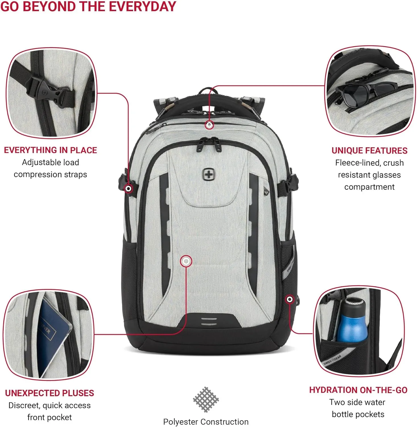 SwissGear Travel Tech Pro Laptop Backpack – Fits Laptops up to 16” – ScanSmart TSA-Friendly Backpack with Multiple Organizer Pockets – Grey Heather