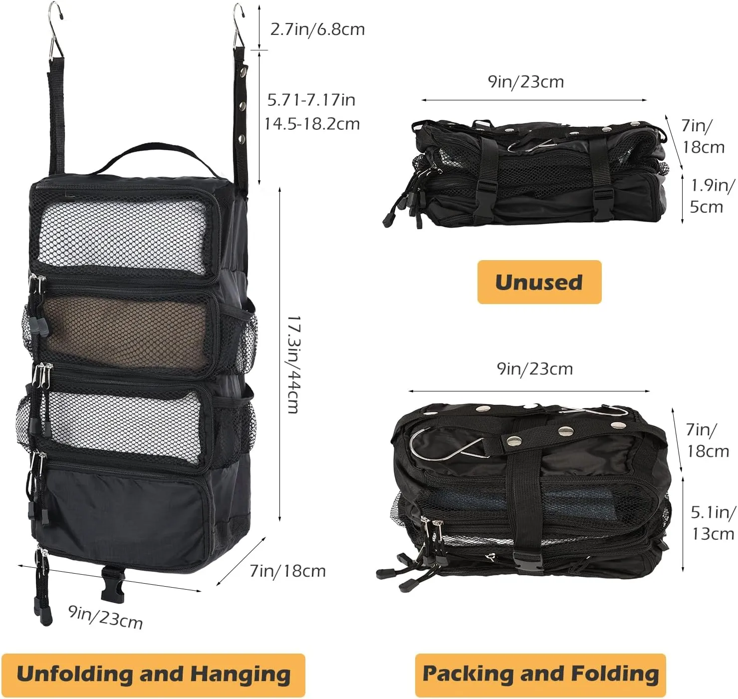 TABITORA Travel Luggage Organizer Hanging Packing Cubes Portable Hanging Shelves Carry on Closet for Suitcase with 2 Hooks,Collapsible(Black,S)