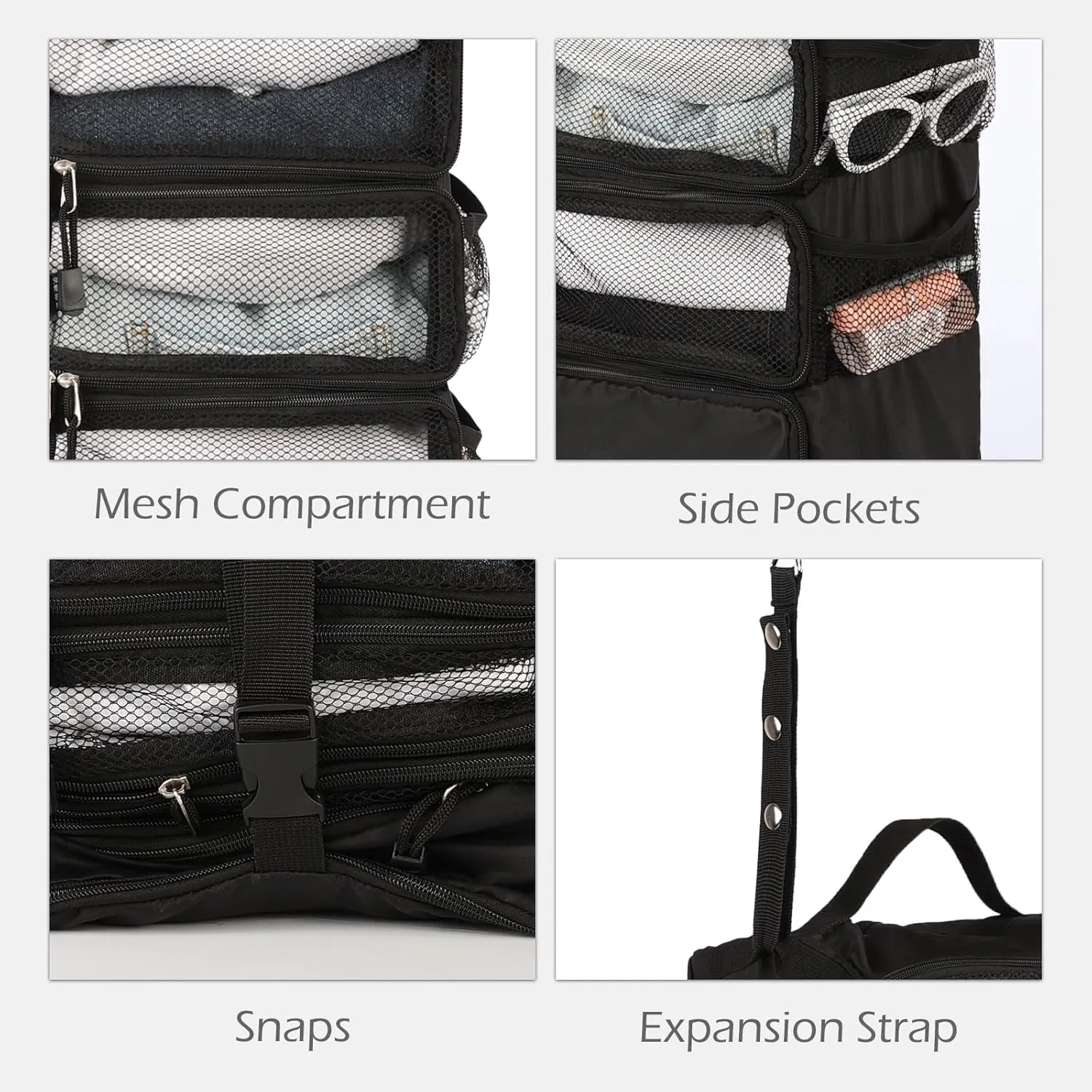TABITORA Travel Luggage Organizer Hanging Packing Cubes Portable Hanging Shelves Carry on Closet for Suitcase with 2 Hooks,Collapsible(Black,S)