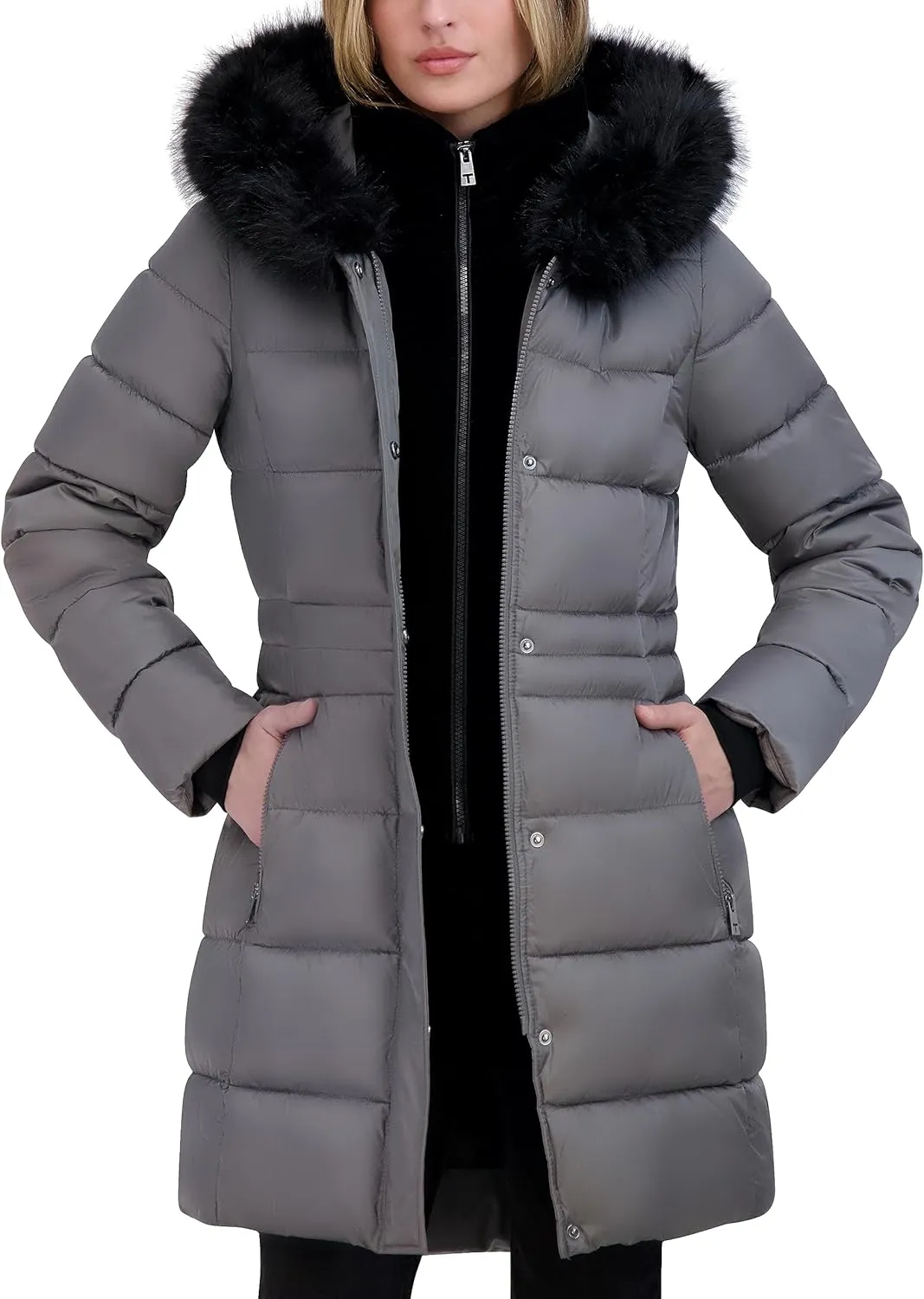 Tahari Women's Fitted Puffer Coat with Oversized Hood