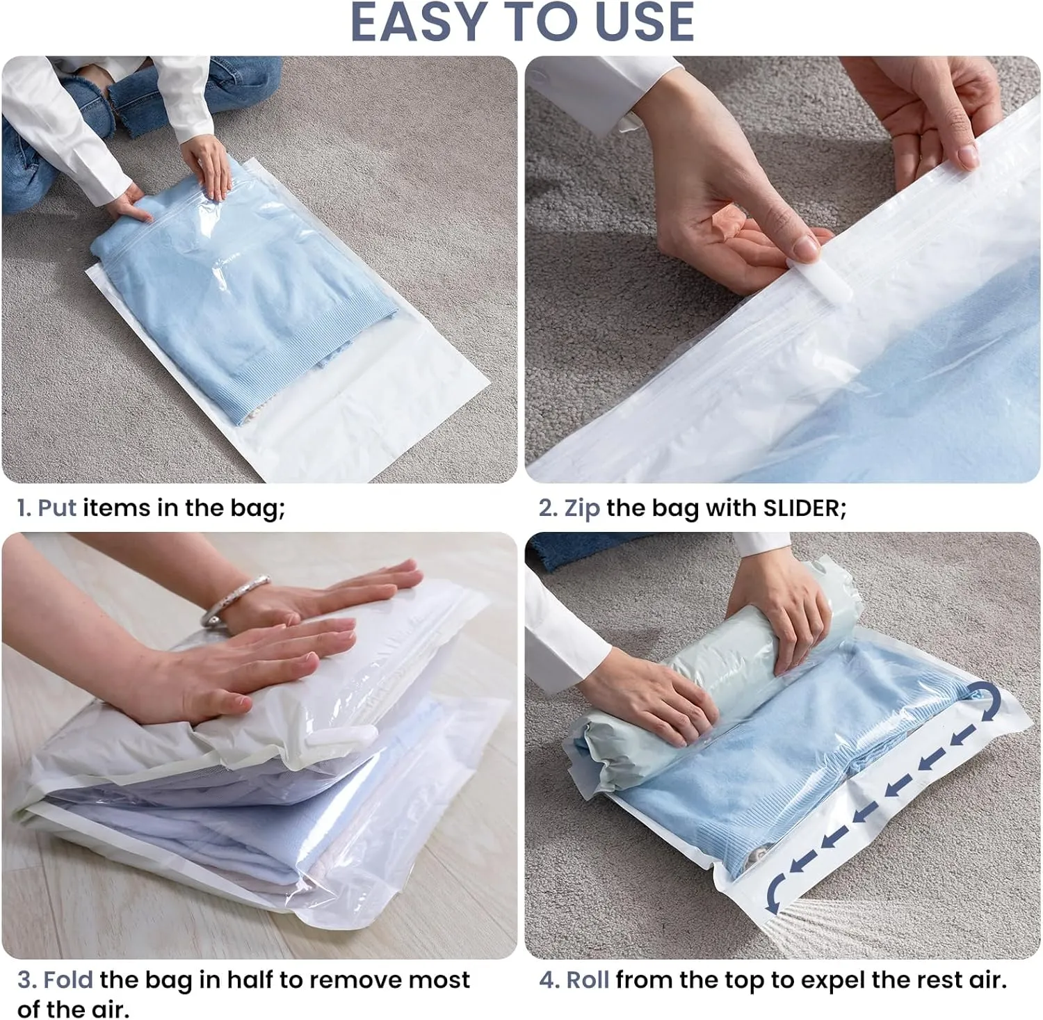 TAILI 12 Pack Travel Compression Bags, Roll Up Space Saver Combo (6 Large, 6 Medium), No Vacuum Needed Reusable Packing Bags for Luggage, Suitcase, Backpack, Travel Essentials