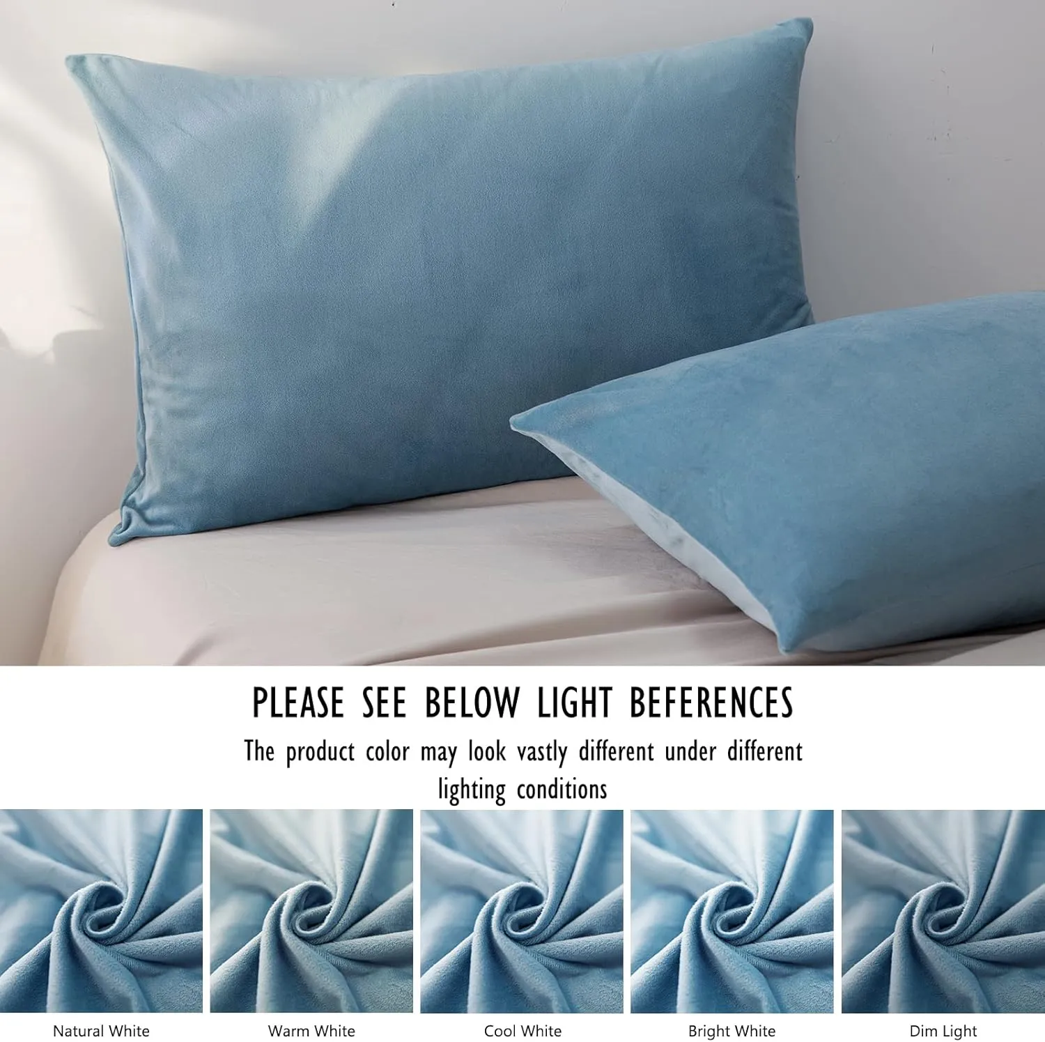 TELUS 2 Pack Zippered Velvet Standard Pillowcases, Super Soft and Cozy Luxury Fuzzy Flannel Pillow Cases with Zipper, 20x26 Inches, Light Blue