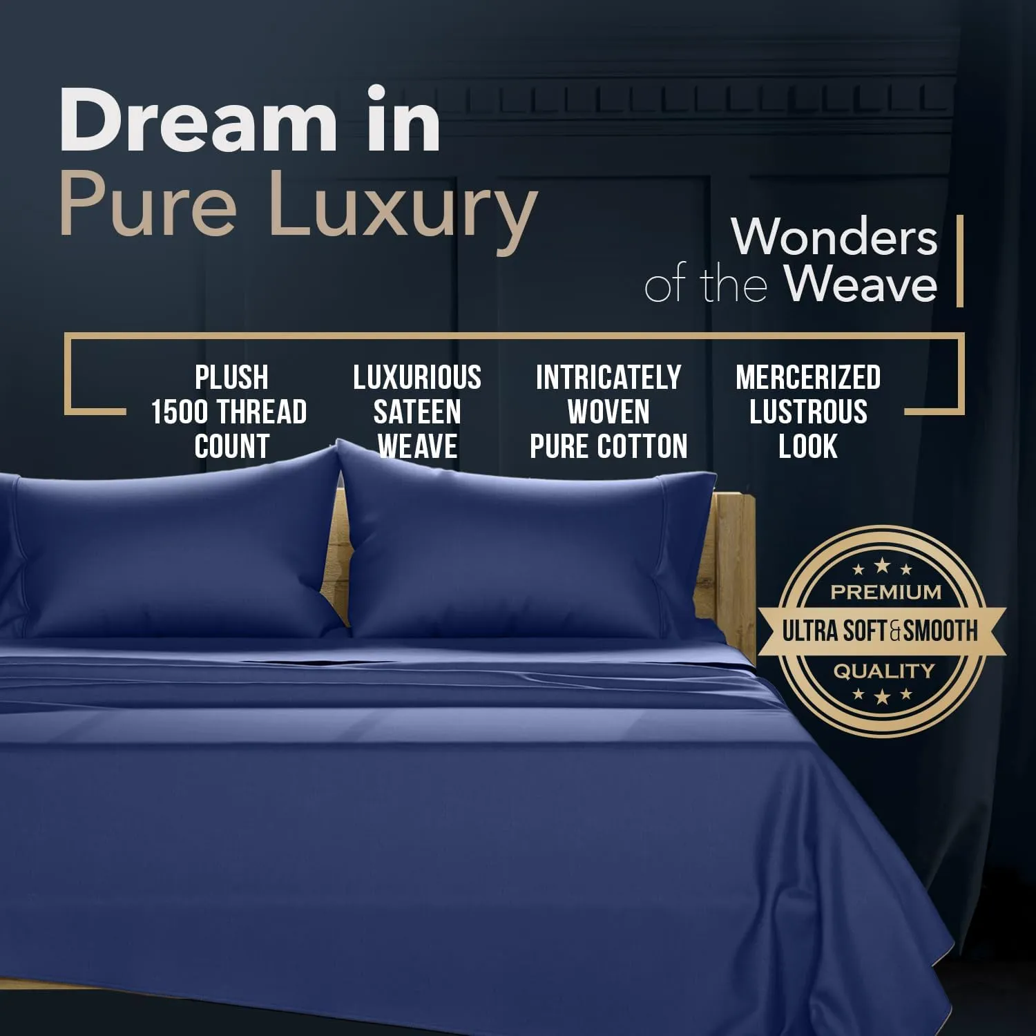 Texas Linen Co. 100% Egyptian Cotton King Size Sheets Set - Luxury 1500 Thread Count Egyptian Cotton Sheets King Size, 17" Deep Pocket, Soft, Cooling Sateen Weave Hotel Quality Bedding Set - Navy Blue