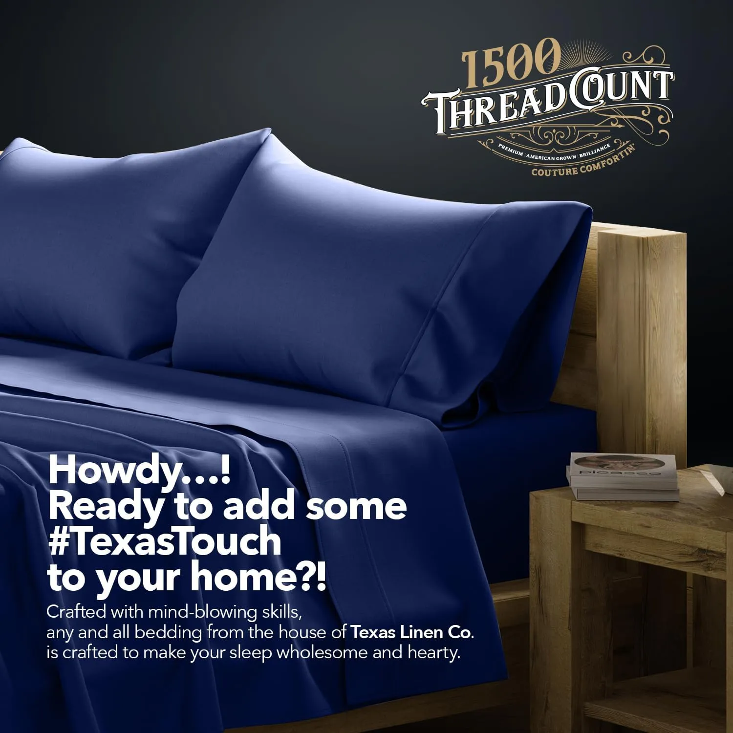 Texas Linen Co. 100% Egyptian Cotton King Size Sheets Set - Luxury 1500 Thread Count Egyptian Cotton Sheets King Size, 17" Deep Pocket, Soft, Cooling Sateen Weave Hotel Quality Bedding Set - Navy Blue