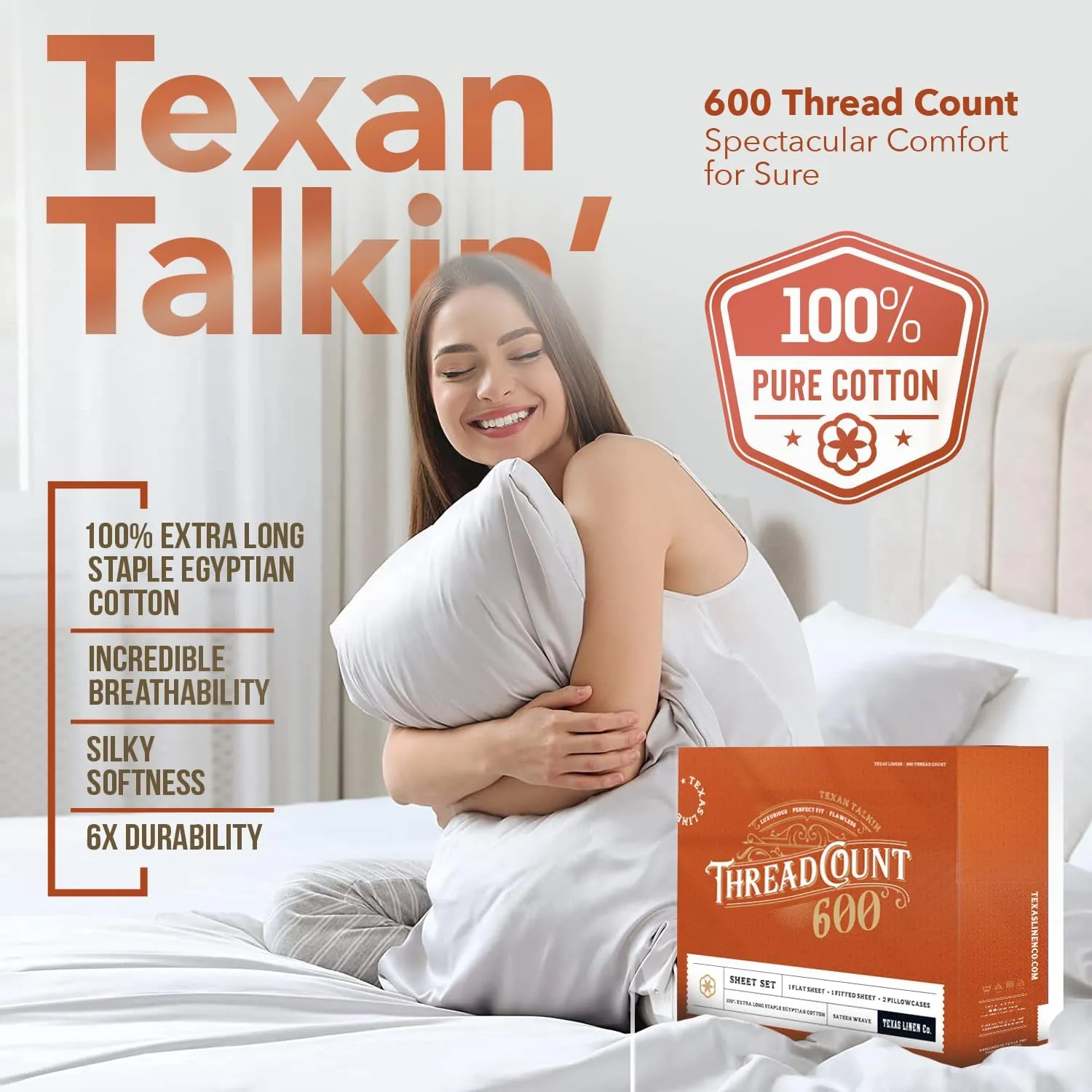 TEXAS LINEN CO. 100% Egyptian Cotton Sheets, 600 Thread Count 4 PC Queen Size Sheet Set, Soft, Cooling, High Thread Count Sateen, Extra Long Staple Luxury Bedding, 16 in Deep Pocket - Dark Grey