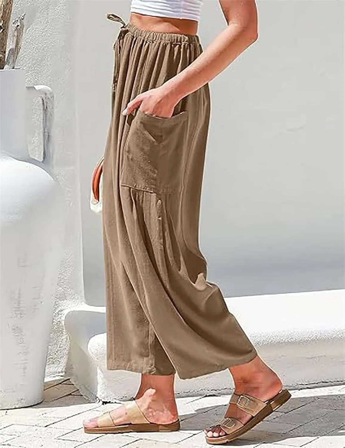 The Happy Wind Linen Pants, Women's Linen Wide Leg Casual Loose Drawstring Beach Palazzo Harem Pants