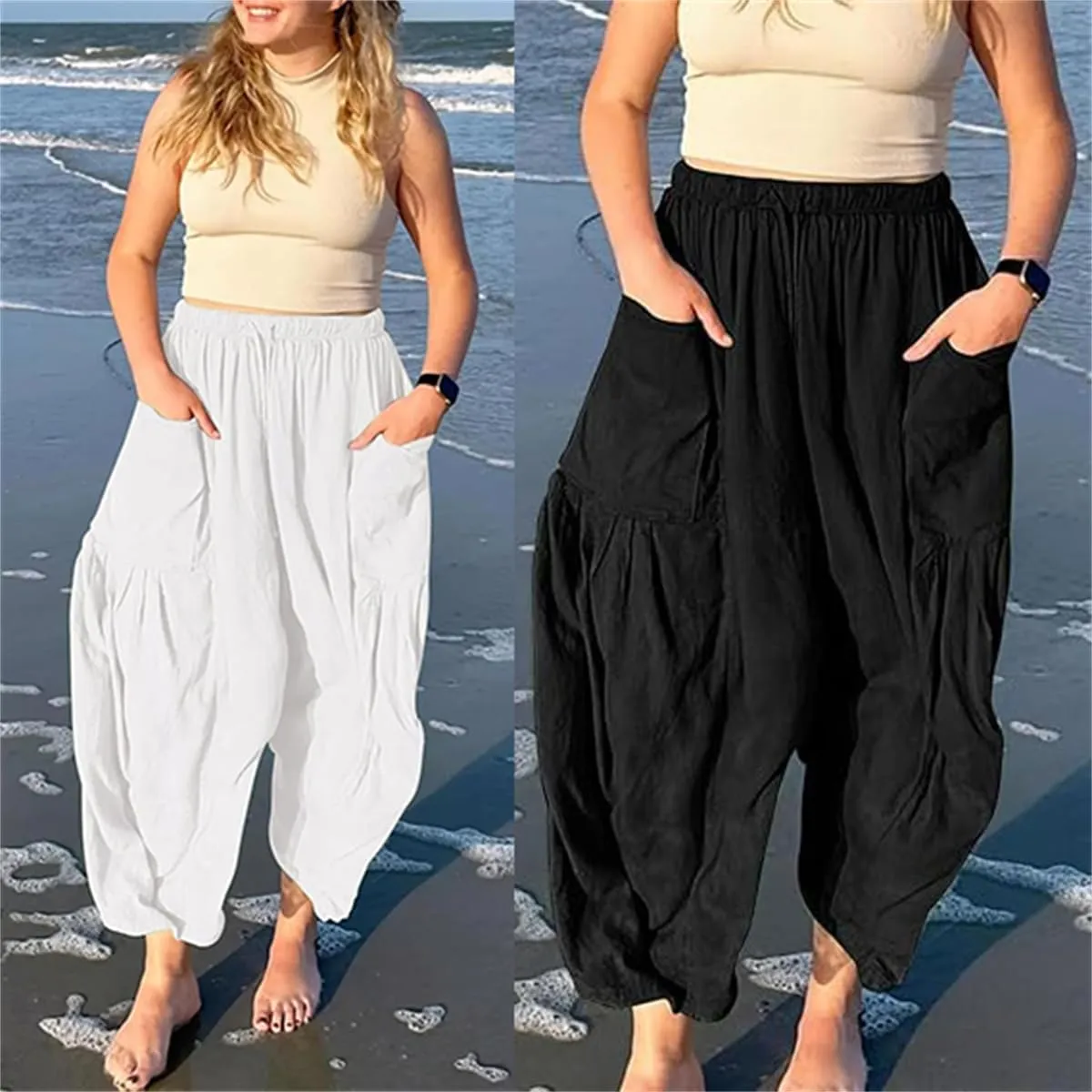 The Happy Wind Linen Pants, Women's Linen Wide Leg Casual Loose Drawstring Beach Palazzo Harem Pants