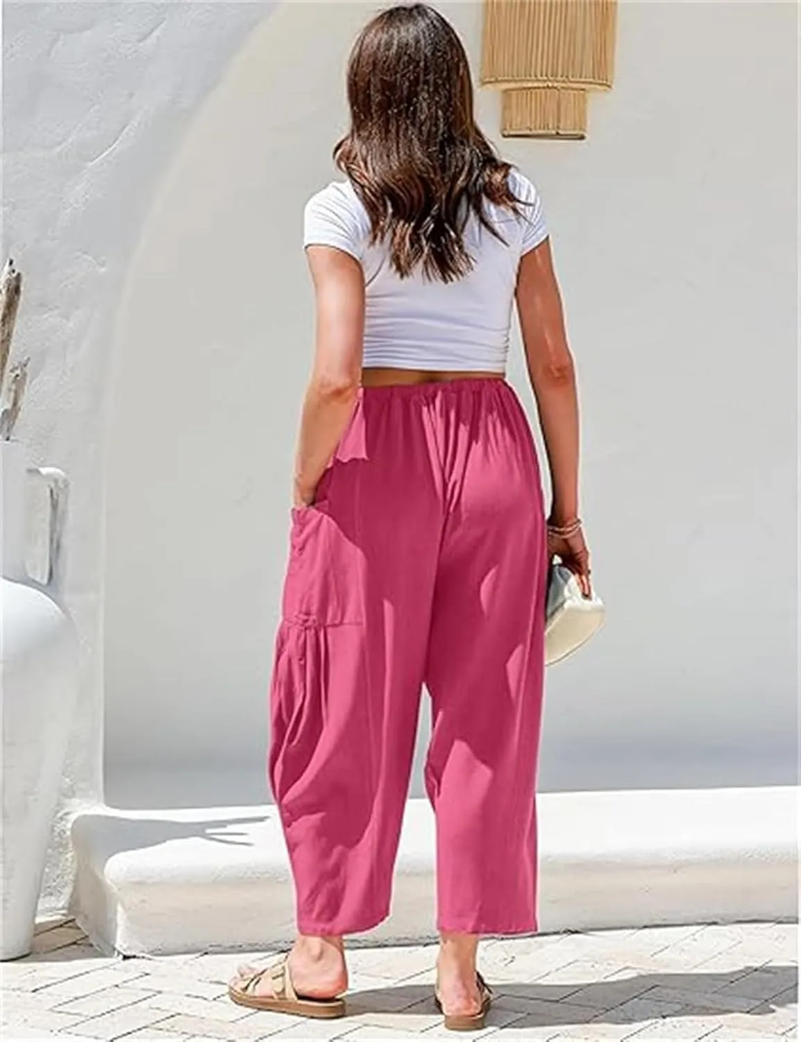 The Happy Wind Linen Pants, Women's Linen Wide Leg Casual Loose Drawstring Beach Palazzo Harem Pants