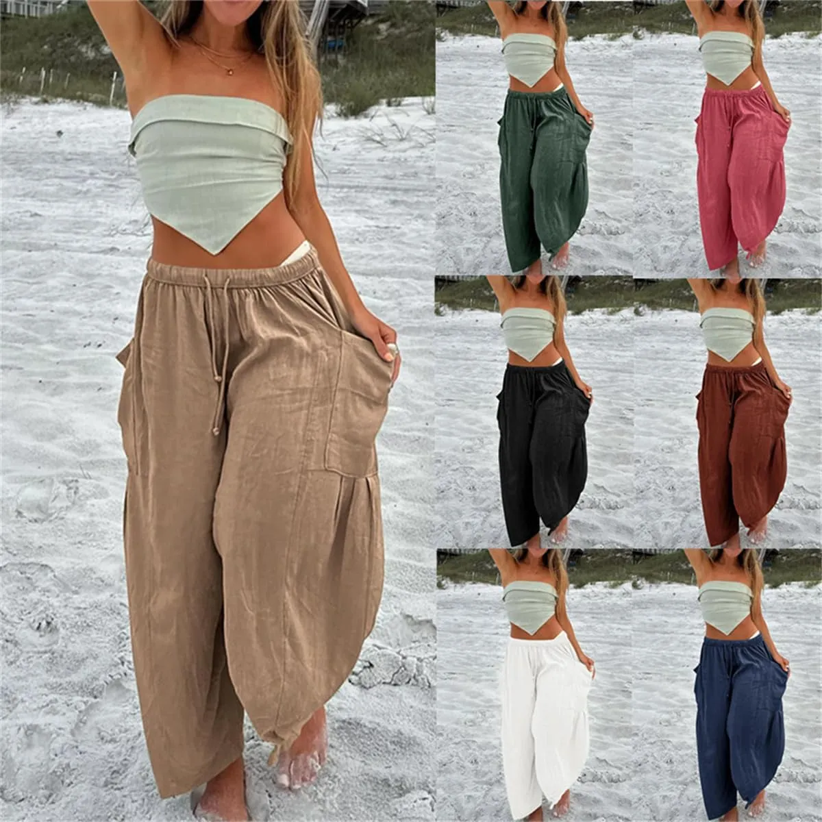 The Happy Wind Linen Pants, Women's Linen Wide Leg Casual Loose Drawstring Beach Palazzo Harem Pants