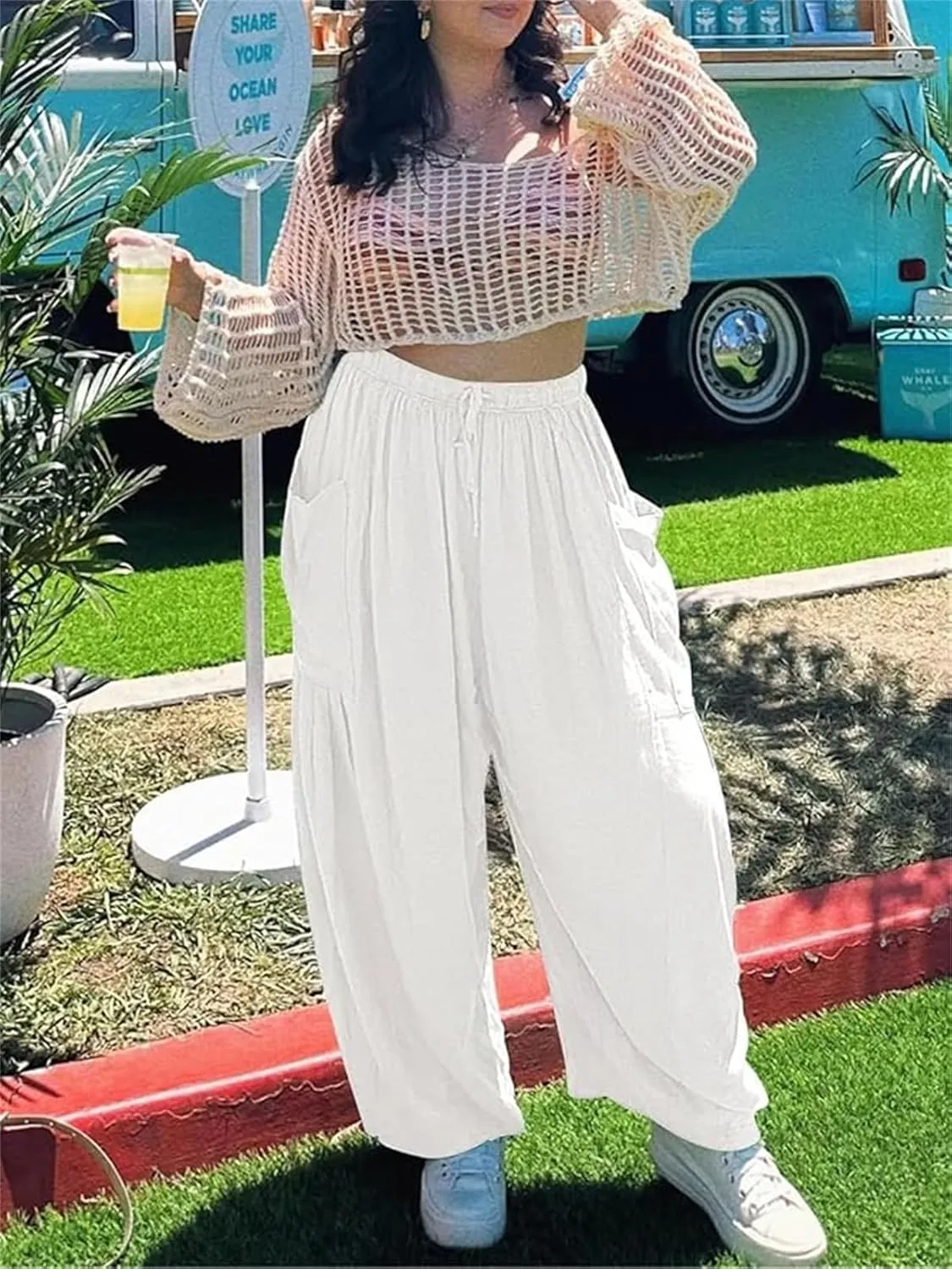 The Happy Wind Linen Pants, Women's Linen Wide Leg Casual Loose Drawstring Beach Palazzo Harem Pants