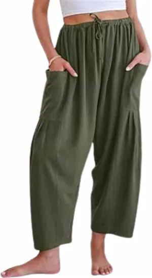 The Happy Wind Linen Pants, Women's Linen Wide Leg Casual Loose Drawstring Beach Palazzo Harem Pants