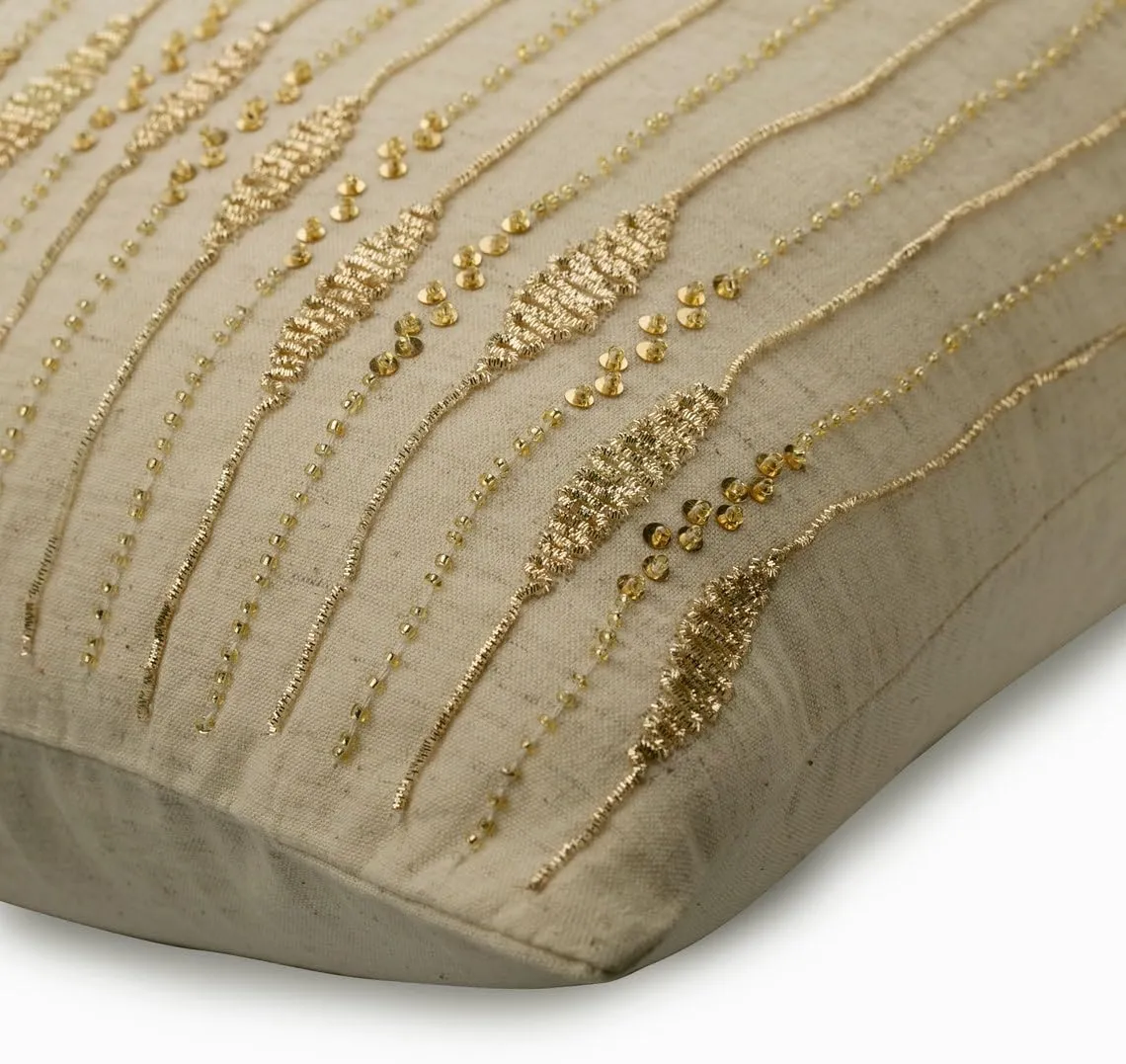 The HomeCentric Pillow Case Zip, Beige & Gold 14"x14" (35x35 cm) Cushion Cover, Linen Zardozi Embroidery Throw Pillow Cover for Sofa, Abstract Pattern Modern Easter - Gold Twinkling