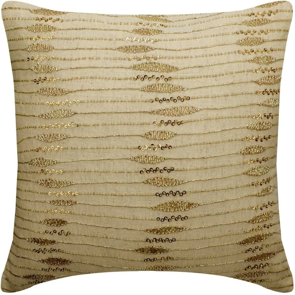 The HomeCentric Pillow Case Zip, Beige & Gold 14"x14" (35x35 cm) Cushion Cover, Linen Zardozi Embroidery Throw Pillow Cover for Sofa, Abstract Pattern Modern Easter - Gold Twinkling
