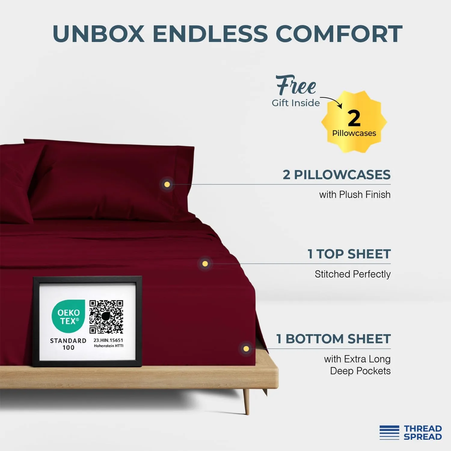 THREAD SPREAD 100% Egyptian Cotton King Size Sheets Set - Luxury 1500 Thread Count Egyptian Cotton Sheets King Size, 17" Deep Pocket, Soft, Cooling Sateen Weave Hotel Quality Bedding Set - Burgundy