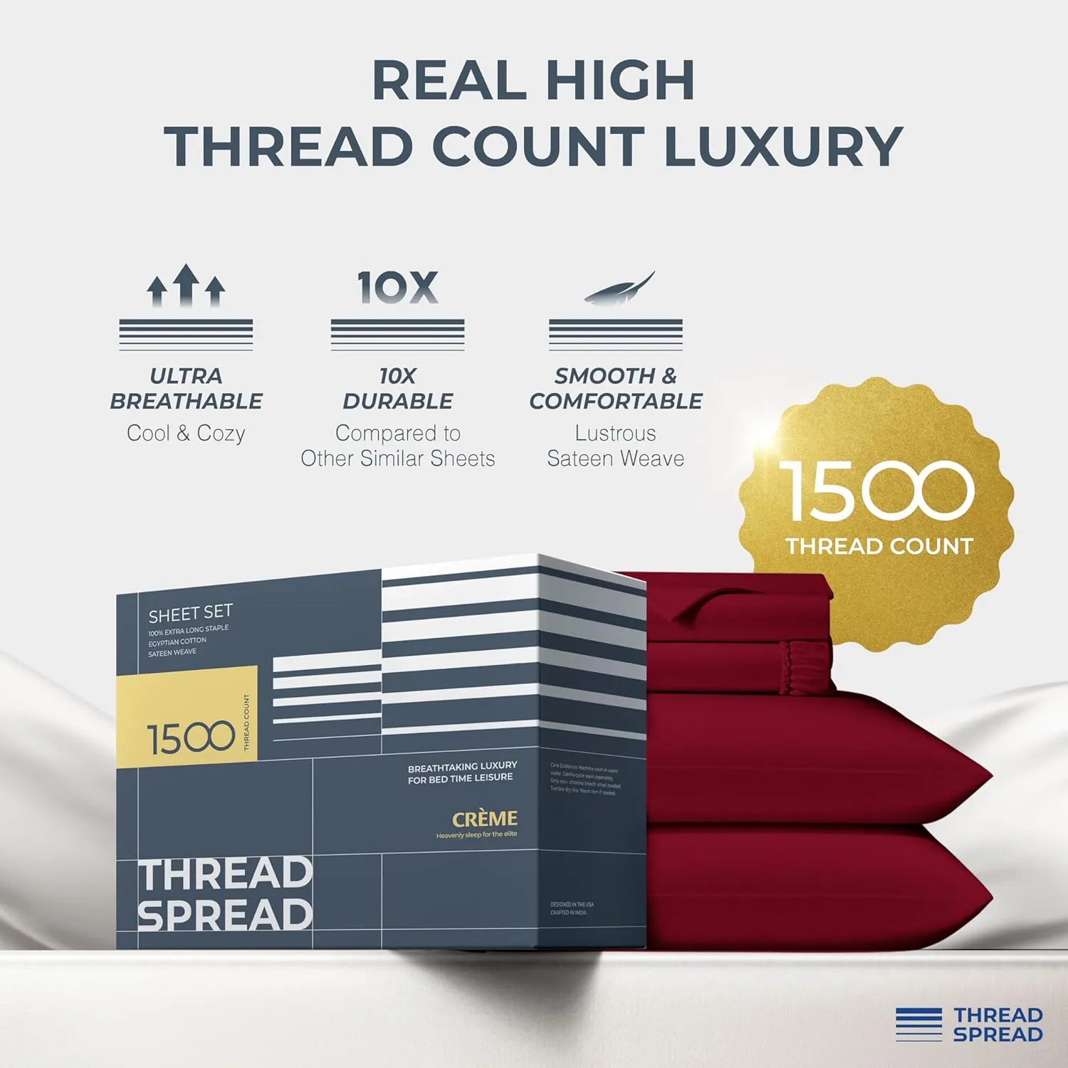 THREAD SPREAD 100% Egyptian Cotton King Size Sheets Set - Luxury 1500 Thread Count Egyptian Cotton Sheets King Size, 17" Deep Pocket, Soft, Cooling Sateen Weave Hotel Quality Bedding Set - Burgundy