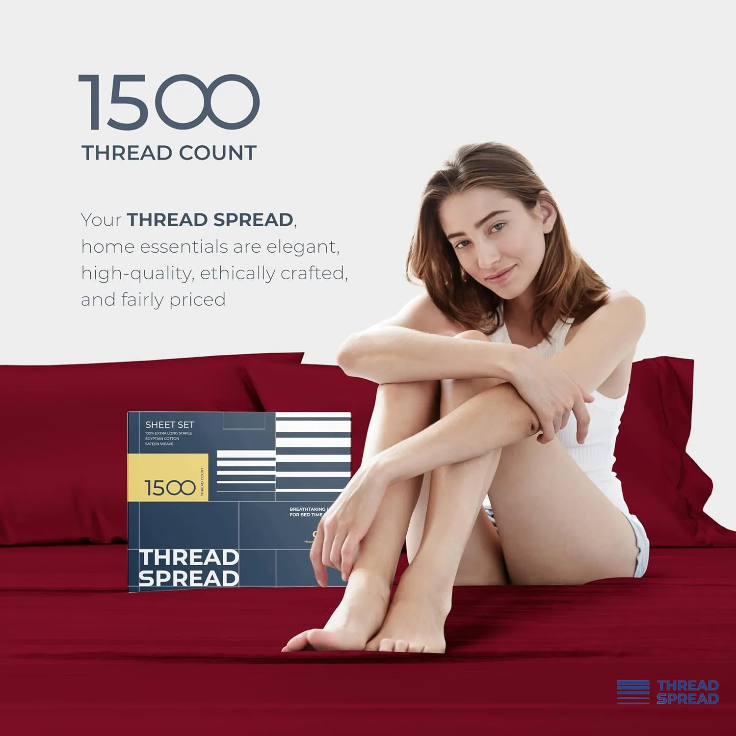 THREAD SPREAD 100% Egyptian Cotton King Size Sheets Set - Luxury 1500 Thread Count Egyptian Cotton Sheets King Size, 17" Deep Pocket, Soft, Cooling Sateen Weave Hotel Quality Bedding Set - Burgundy