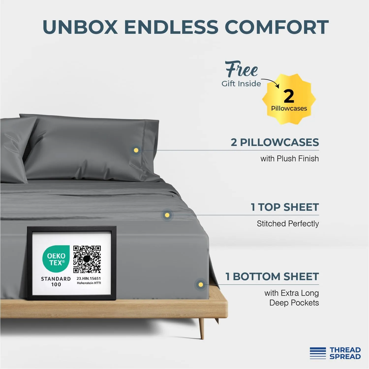 THREAD SPREAD 100% Egyptian Cotton King Size Sheets Set - Luxury 1500 Thread Count Egyptian Cotton Sheets King Size, 17" Deep Pocket, Soft, Cooling Sateen Weave Hotel Quality Bedding Set - Dark Grey