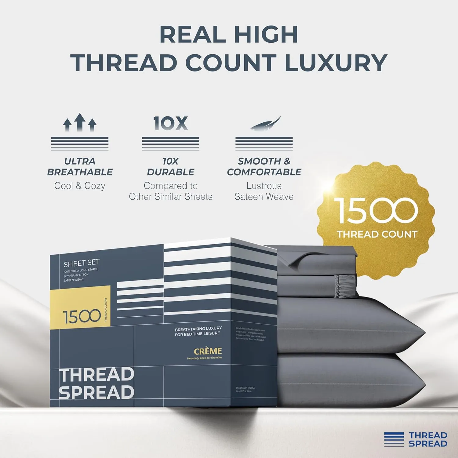 THREAD SPREAD 100% Egyptian Cotton King Size Sheets Set - Luxury 1500 Thread Count Egyptian Cotton Sheets King Size, 17" Deep Pocket, Soft, Cooling Sateen Weave Hotel Quality Bedding Set - Dark Grey