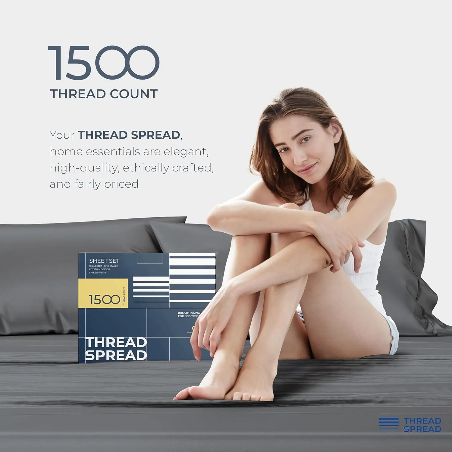 THREAD SPREAD 100% Egyptian Cotton King Size Sheets Set - Luxury 1500 Thread Count Egyptian Cotton Sheets King Size, 17" Deep Pocket, Soft, Cooling Sateen Weave Hotel Quality Bedding Set - Dark Grey