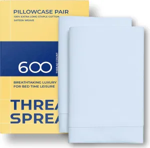 THREAD SPREAD 100% Egyptian Cotton Pillow Cases King - 600 Thread Count Pillow Cases King Size Set of 2, Cooling & Breathable Extra Long Staple Sateen Weave Cotton Pillow Covers for Bed - Light Blue