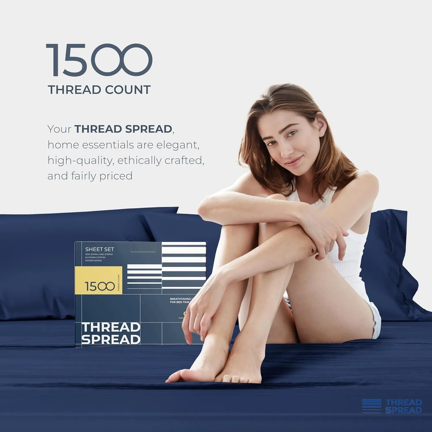 THREAD SPREAD 100% Egyptian Cotton Sheets Queen Size - 1500 Thread Count 4 PC Queen Sheet Set Egyptian Cotton, Sateen Luxury Sheets Queen Size, High Thread Count Sheets, 17" Deep Pocket - Indigo