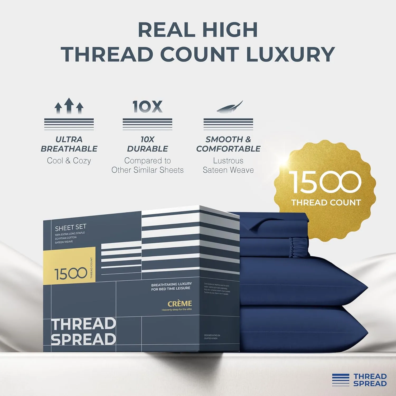 THREAD SPREAD 100% Egyptian Cotton Sheets Queen Size - 1500 Thread Count 4 PC Queen Sheet Set Egyptian Cotton, Sateen Luxury Sheets Queen Size, High Thread Count Sheets, 17" Deep Pocket - Indigo