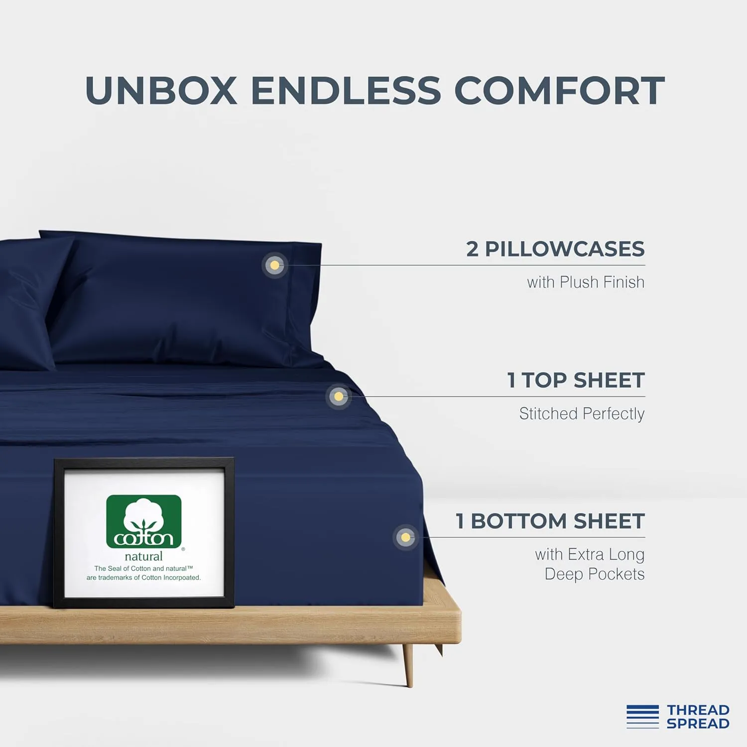 THREAD SPREAD 100% Egyptian Cotton Sheets Queen Size - 1500 Thread Count 4 PC Queen Sheet Set Egyptian Cotton, Sateen Luxury Sheets Queen Size, High Thread Count Sheets, 17" Deep Pocket - Indigo