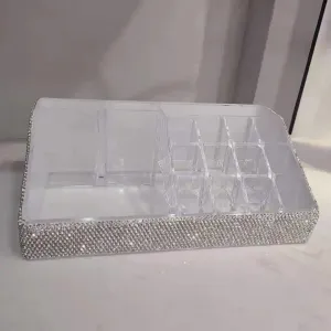 TISHAA Bling Dazzling Stylish Rhinestone Makeup Lipstick Organizer for Desk, Vanity (White Large)