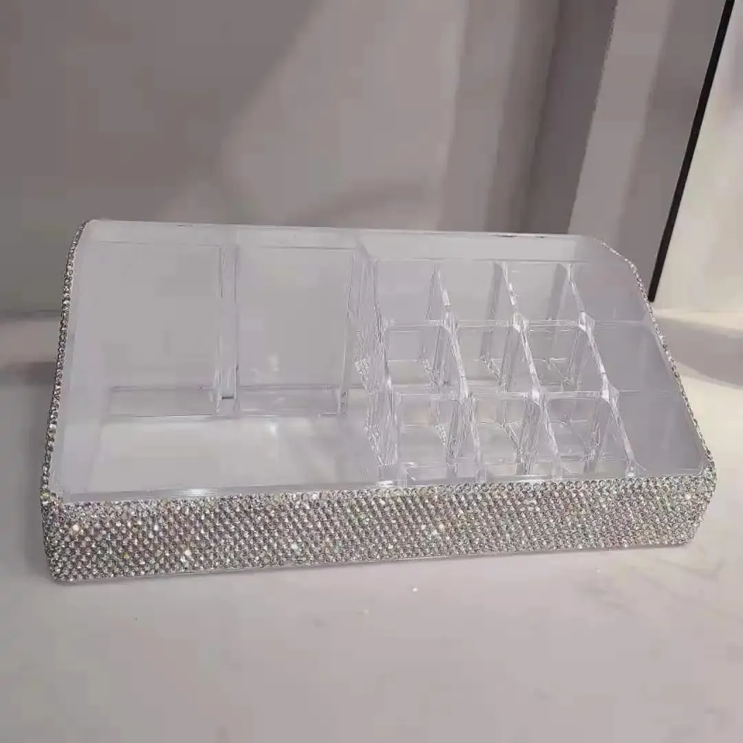 TISHAA Bling Dazzling Stylish Rhinestone Makeup Lipstick Organizer for Desk, Vanity (White Large)