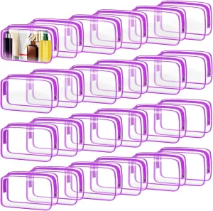 TISRATOK 24 PCS Clear Toiletry Bag for Women Men, Transparent Cosmetic Bag for Travel Makeup Organizer TSA Approved Pouch - Purple, Medium