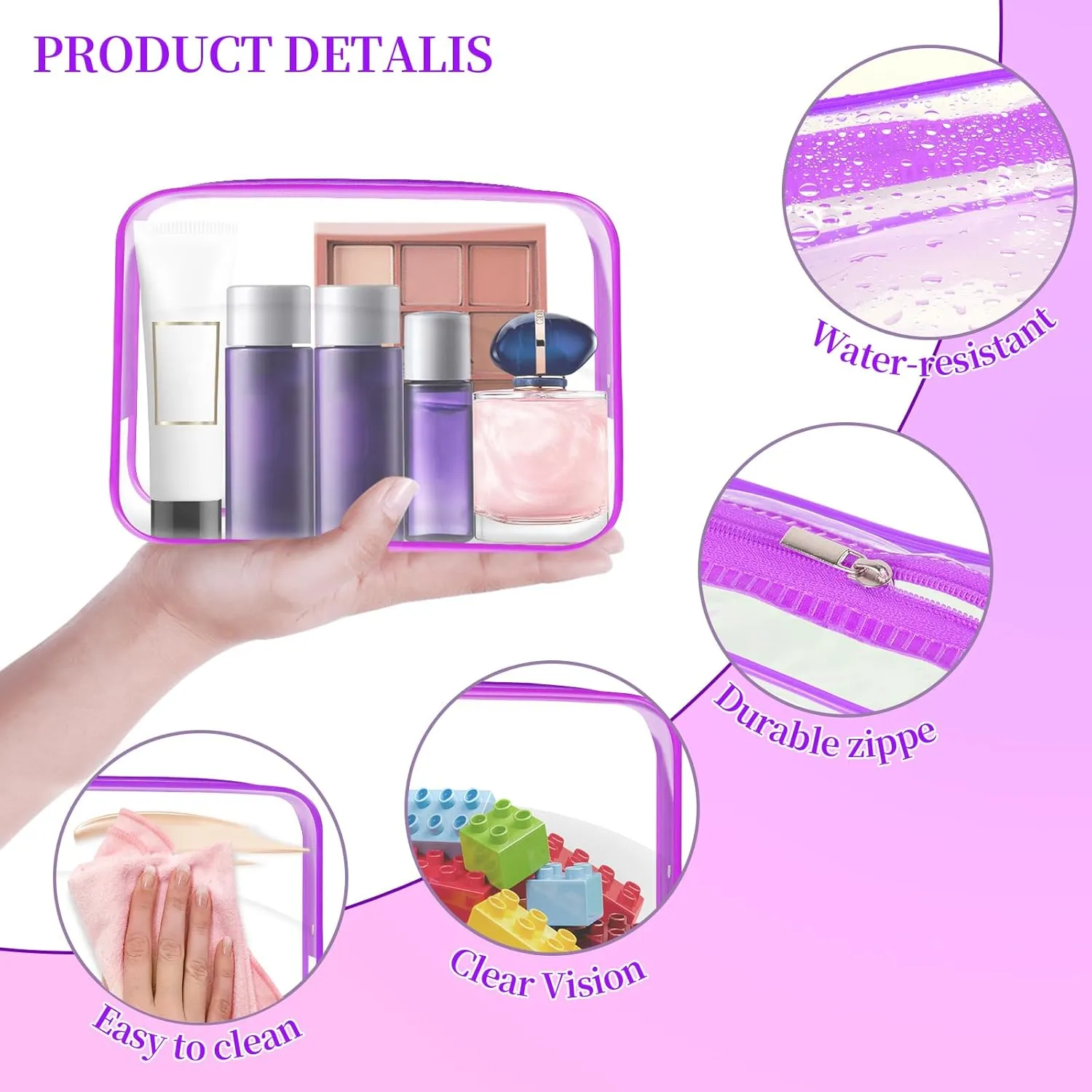 TISRATOK 24 PCS Clear Toiletry Bag for Women Men, Transparent Cosmetic Bag for Travel Makeup Organizer TSA Approved Pouch - Purple, Medium