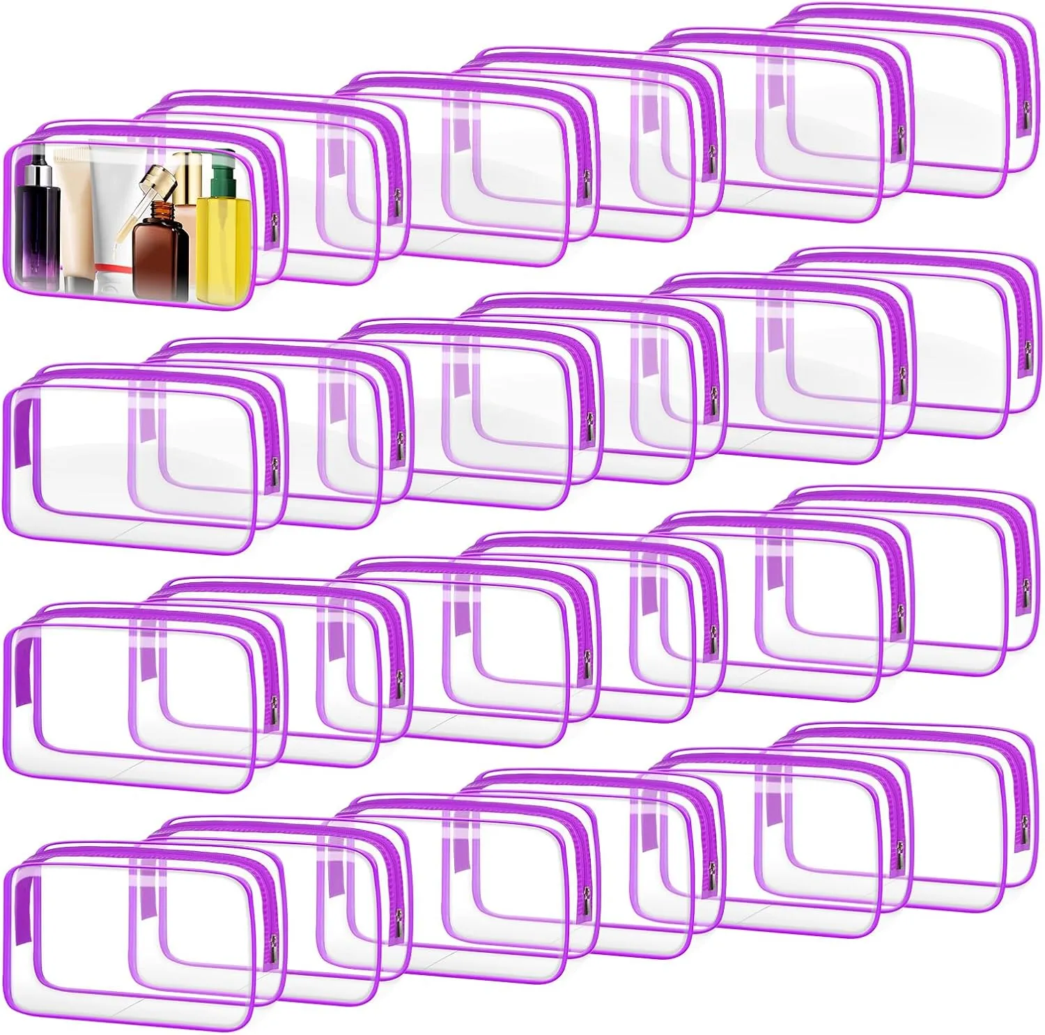 TISRATOK 24 PCS Clear Toiletry Bag for Women Men, Transparent Cosmetic Bag for Travel Makeup Organizer TSA Approved Pouch - Purple, Medium