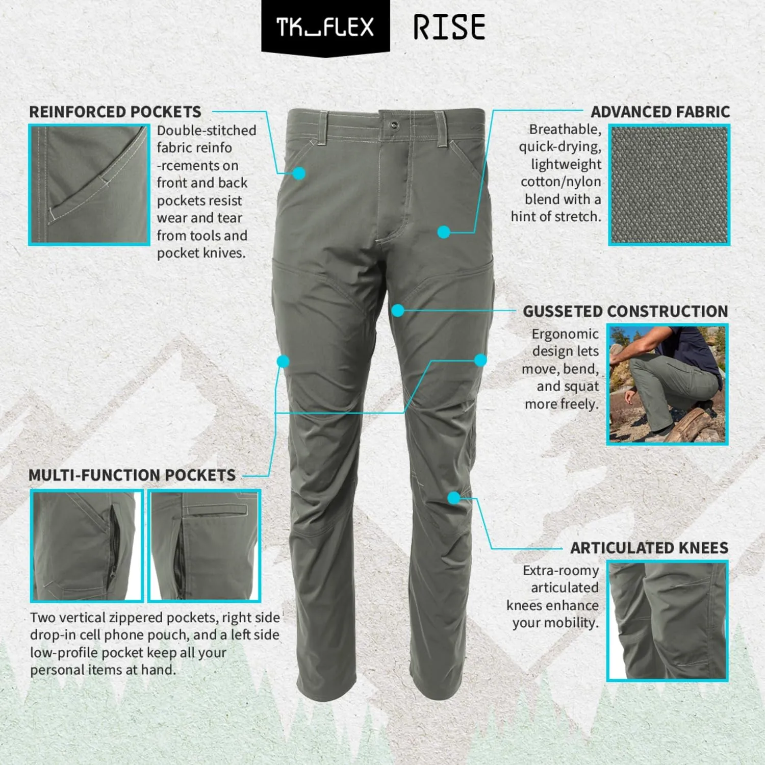 TK Flex Rise Men's Technical Pants Quick Dry Breathable Outdoor Hiking 8 Pockets