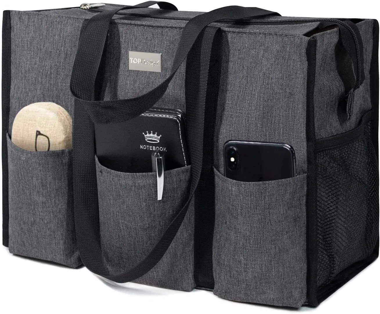 TOPDesign Utility Water Resistant Tote Bag with 13 Pockets, Top Zipper Closure & Thick Bottom Support, for Working Women