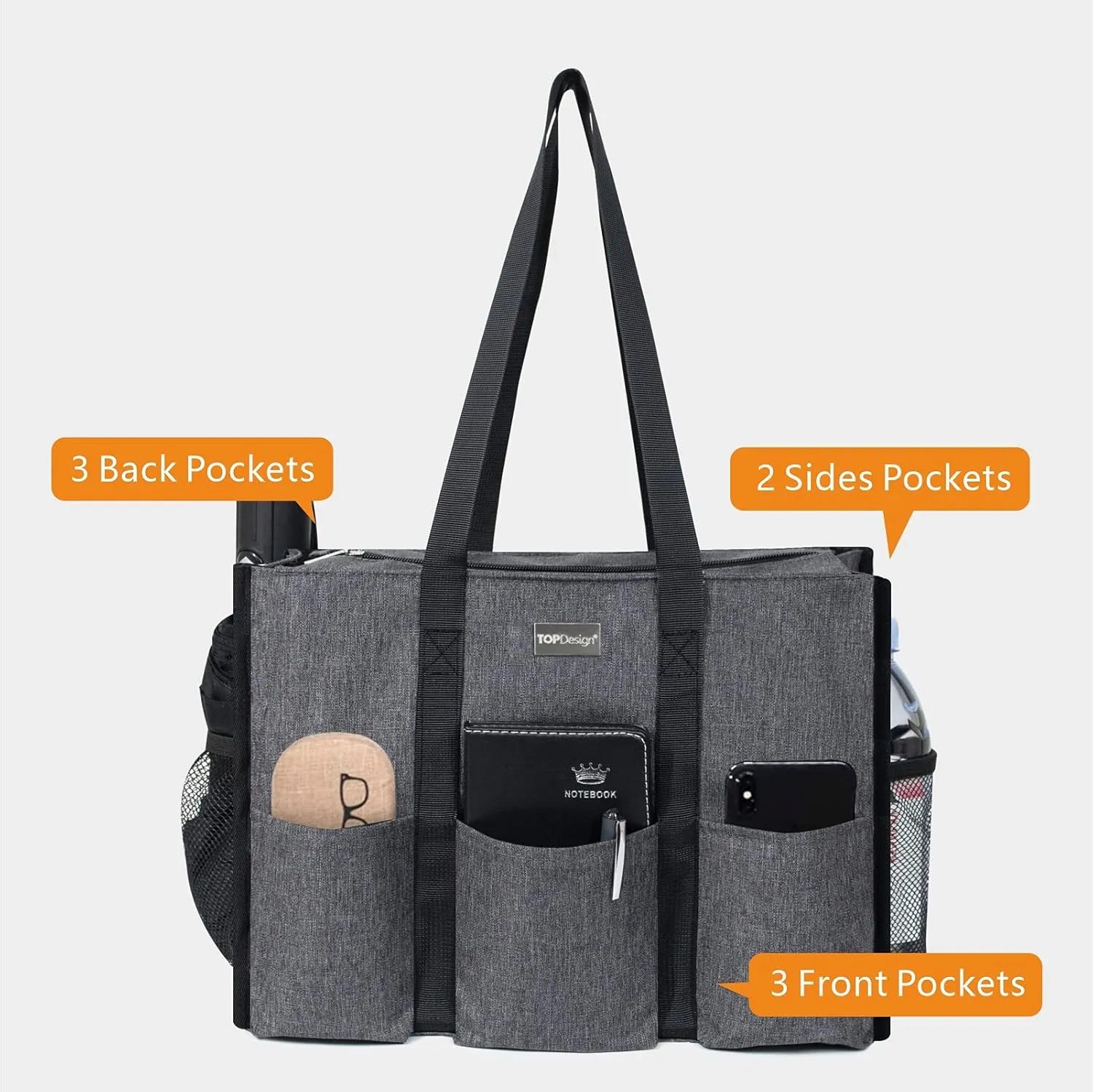 TOPDesign Utility Water Resistant Tote Bag with 13 Pockets, Top Zipper Closure & Thick Bottom Support, for Working Women