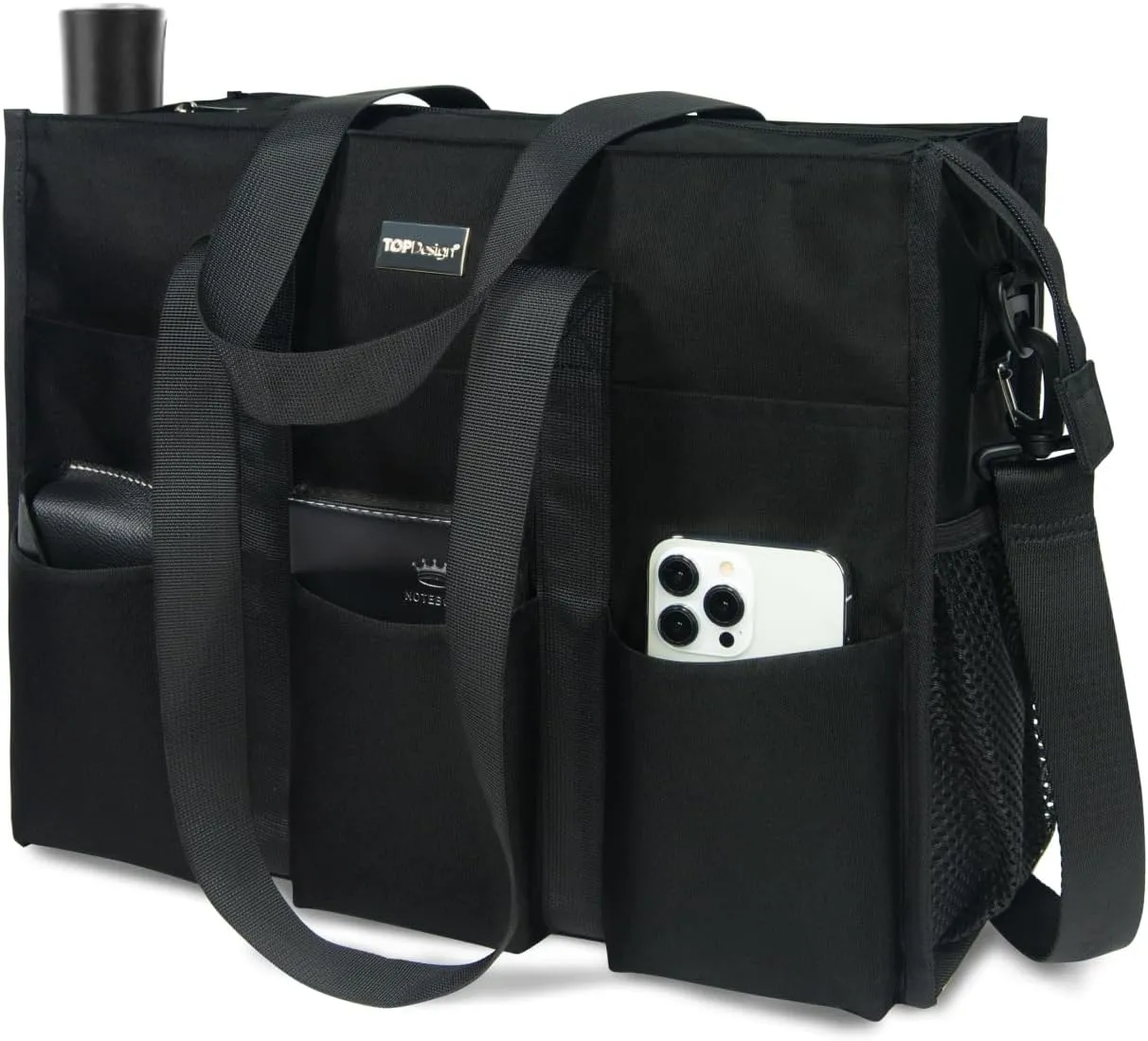 TOPDesign Utility Water Resistant Tote Bag with 22 Pockets, Top Zipper Closure & Thick Bottom Support, for Working Women