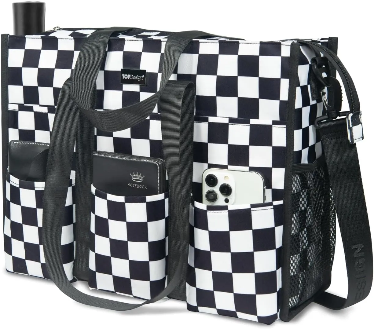 TOPDesign Utility Water Resistant Tote Bag with 22 Pockets, Top Zipper Closure & Thick Bottom Support, for Working Women