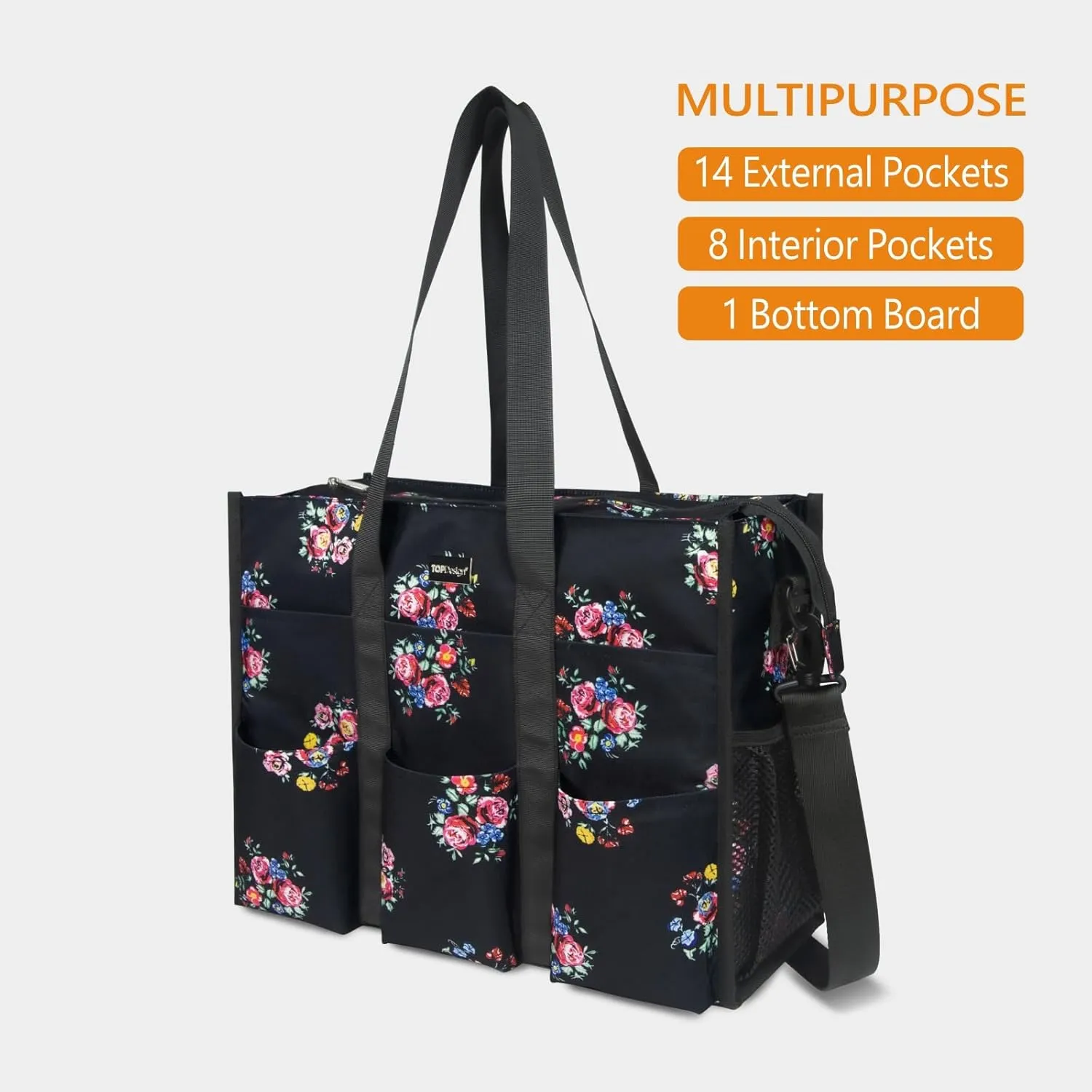 TOPDesign Utility Water Resistant Tote Bag with 22 Pockets, Top Zipper Closure & Thick Bottom Support, for Working Women
