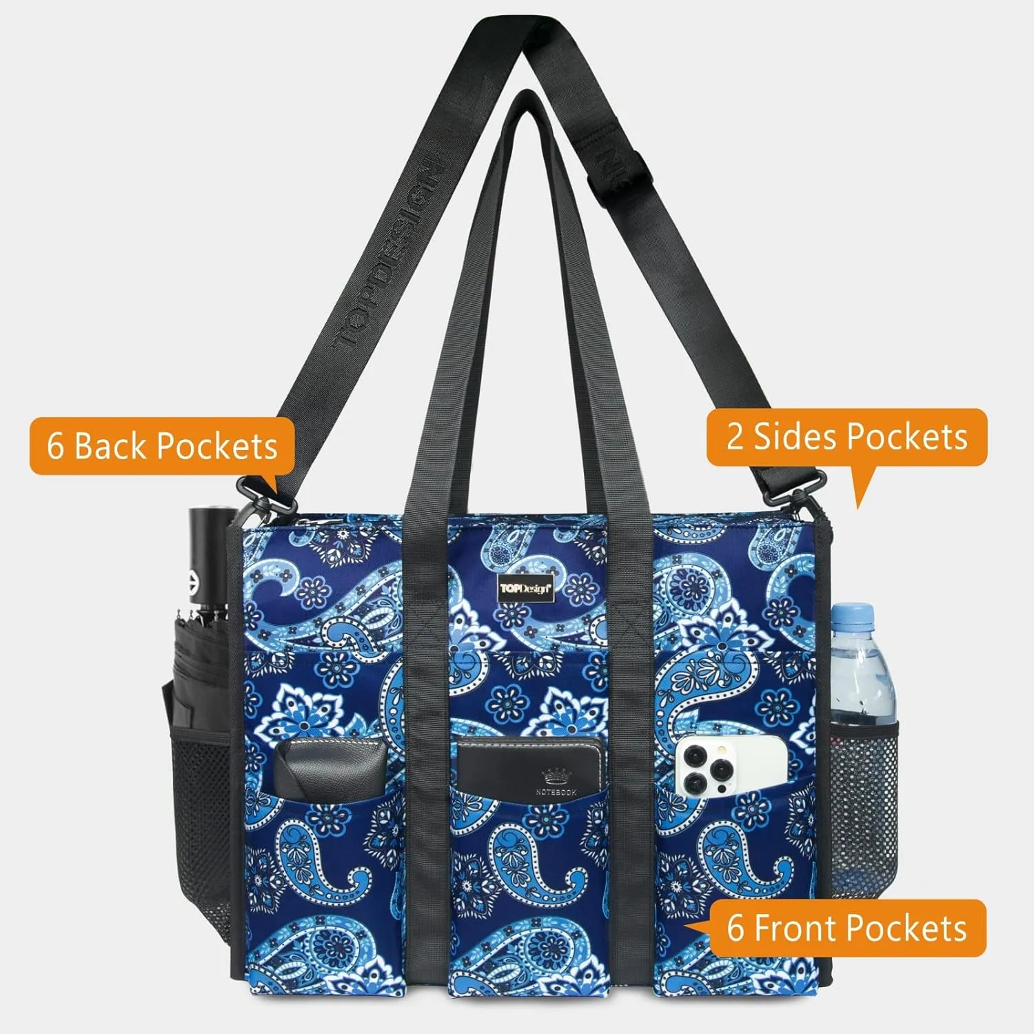 TOPDesign Utility Water Resistant Tote Bag with 22 Pockets, Top Zipper Closure & Thick Bottom Support, for Working Women