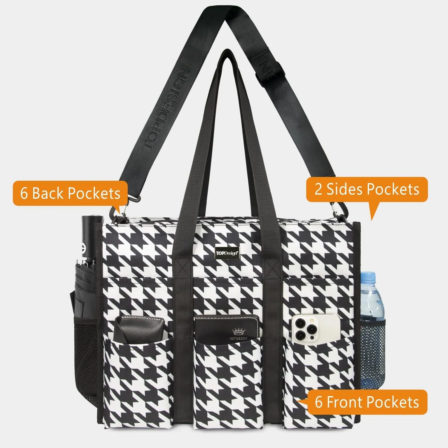 TOPDesign Utility Water Resistant Tote Bag with 22 Pockets, Top Zipper Closure & Thick Bottom Support, for Working Women