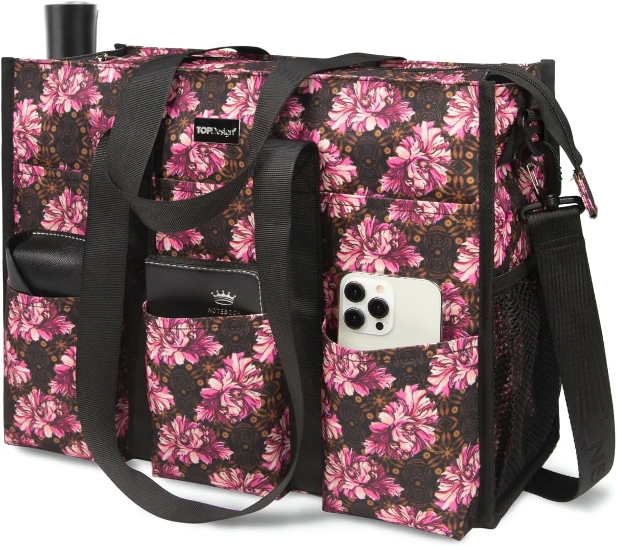 TOPDesign Utility Water Resistant Tote Bag with 22 Pockets, Top Zipper Closure & Thick Bottom Support, for Working Women