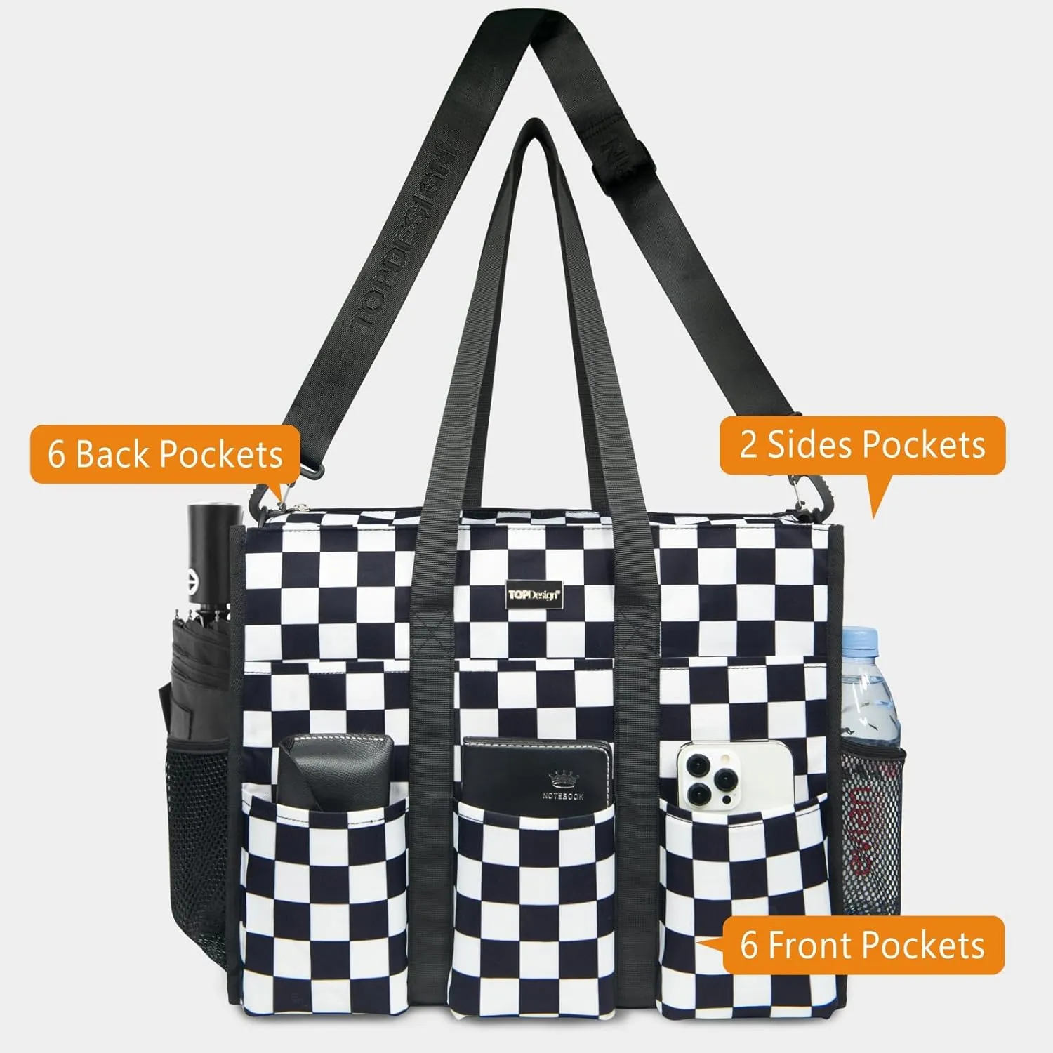 TOPDesign Utility Water Resistant Tote Bag with 22 Pockets, Top Zipper Closure & Thick Bottom Support, for Working Women