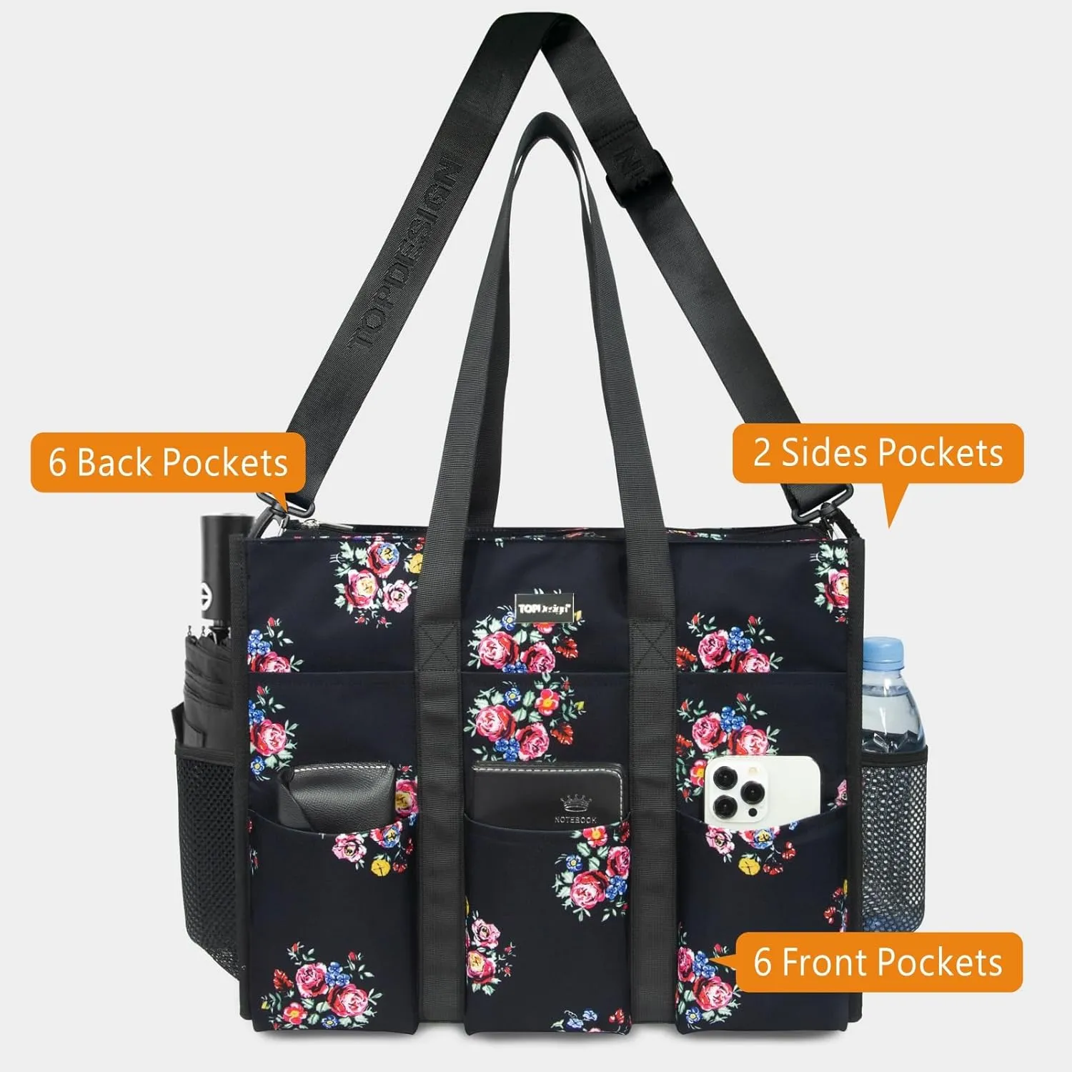 TOPDesign Utility Water Resistant Tote Bag with 22 Pockets, Top Zipper Closure & Thick Bottom Support, for Working Women