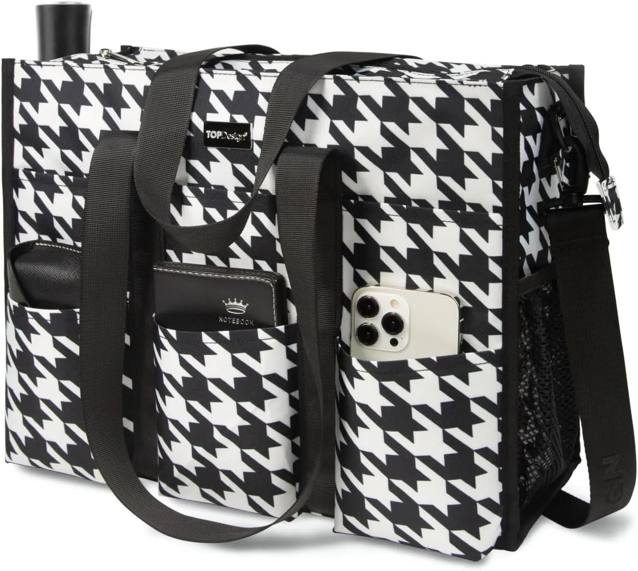 TOPDesign Utility Water Resistant Tote Bag with 22 Pockets, Top Zipper Closure & Thick Bottom Support, for Working Women