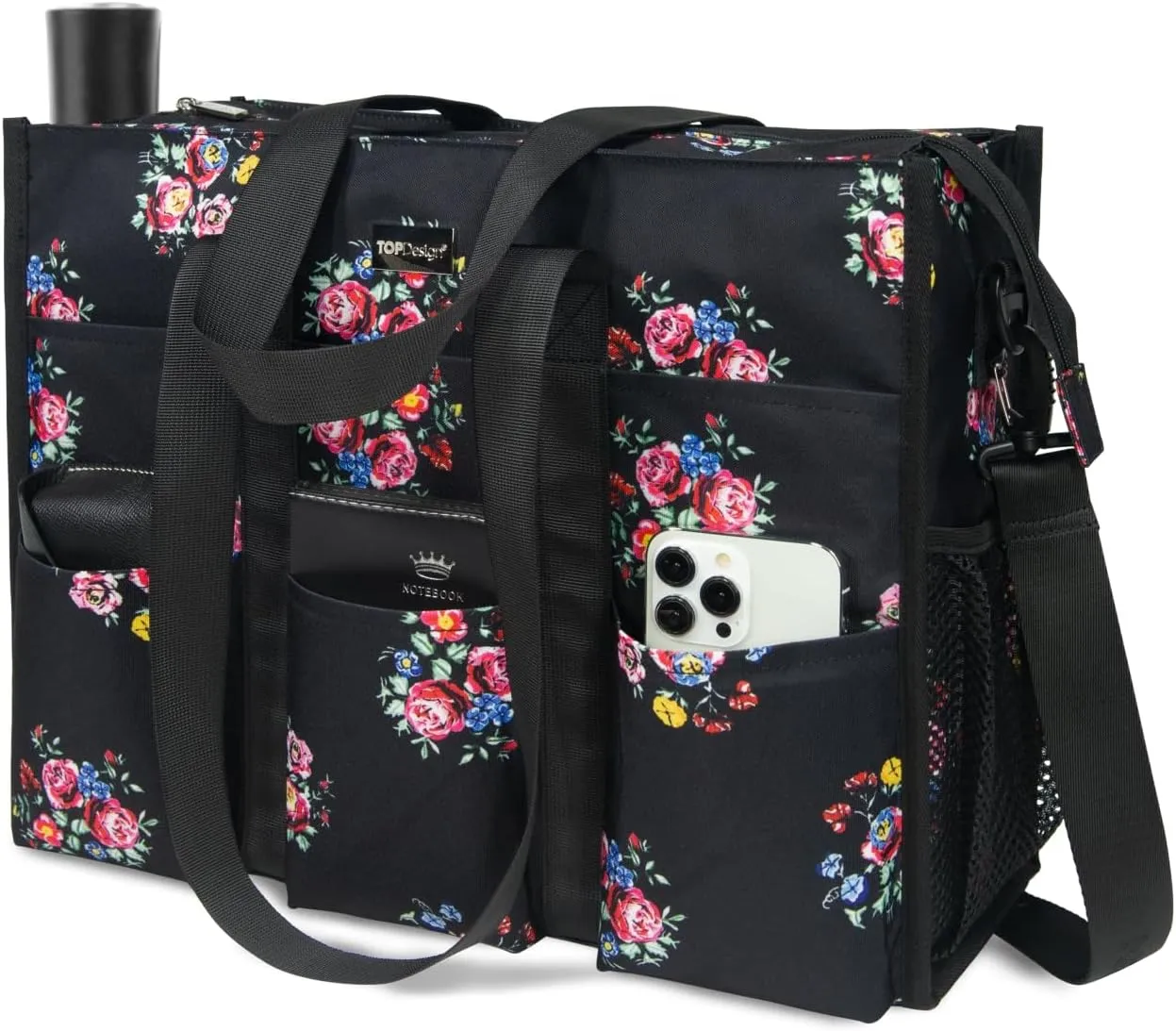 TOPDesign Utility Water Resistant Tote Bag with 22 Pockets, Top Zipper Closure & Thick Bottom Support, for Working Women