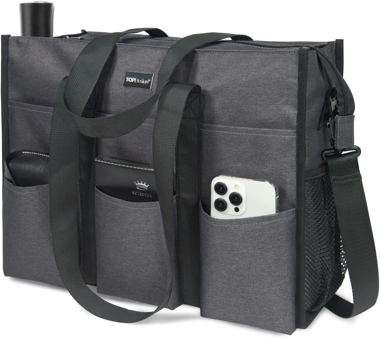 TOPDesign Utility Water Resistant Tote Bag with 22 Pockets, Top Zipper Closure & Thick Bottom Support, for Working Women