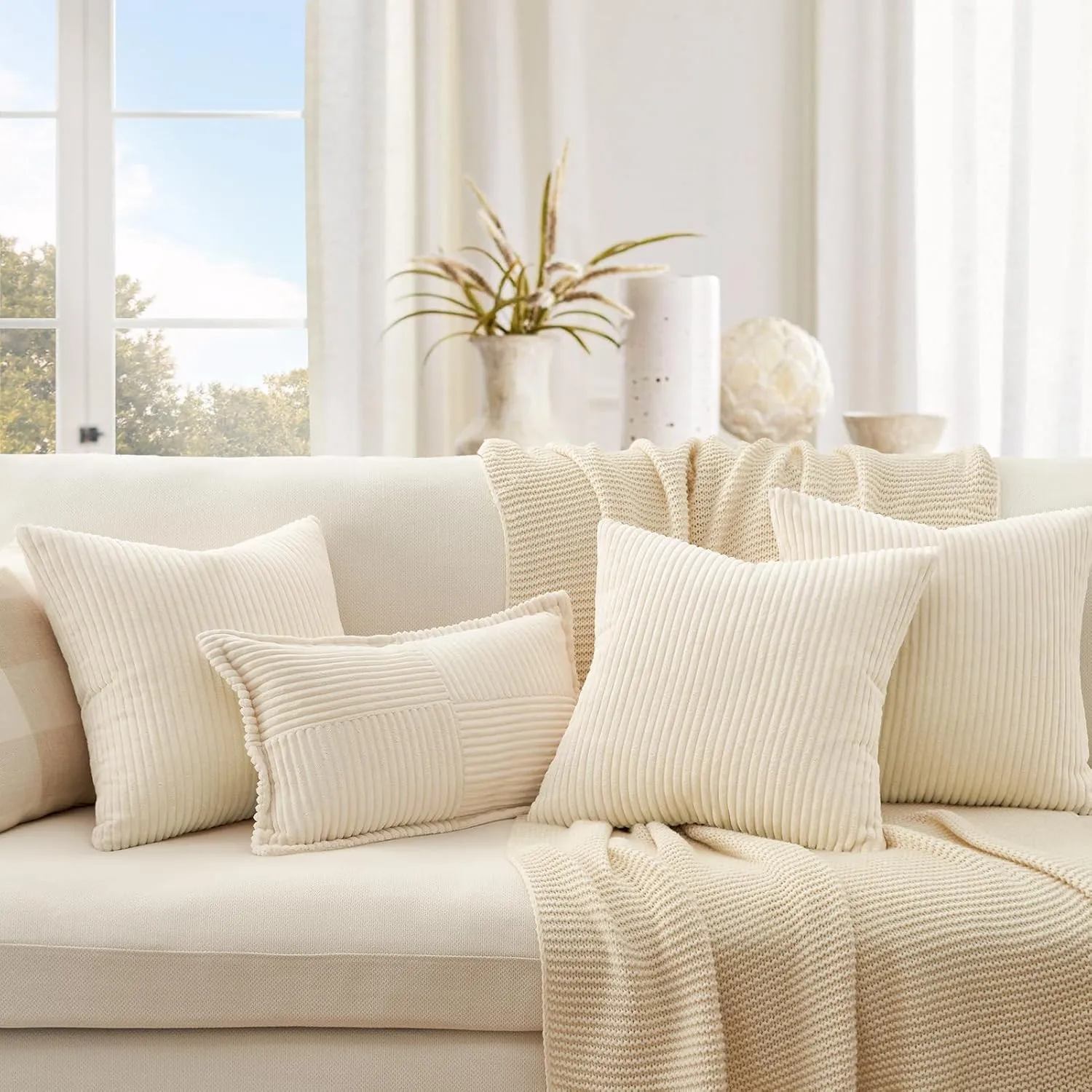 Topfinel Decorative Beige Cream Throw Pillow Covers Cushion Cases, Set of 4 Soft Velvet Modern Double-Sided Designs, Mix and Match for Home Decor, Pillow Inserts Not Included (18x18 inch)