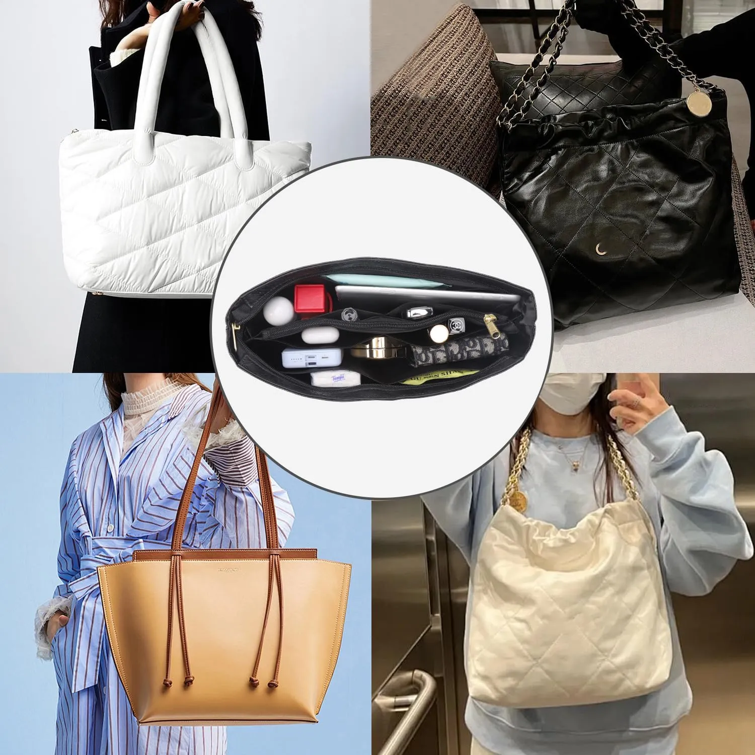 Tote Bag Organizer Insert Compatible with 22 bag Medium Handbag, Dupont Paper Inner Purse Organizer Insert Makeup Liner Bag Shaper (Black, M)